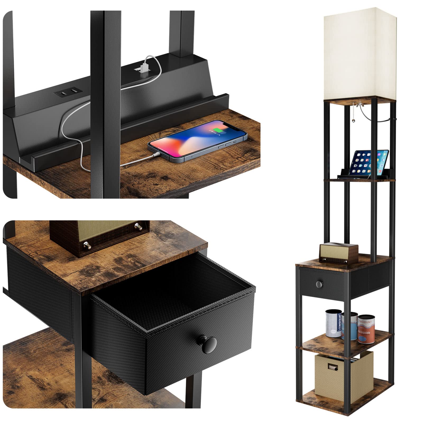 addlon Floor lamp with 2 USB, 1 Outlet and Drawer, 3 Color Temperatures LED Bulb (9W), Sofa lamp with White lampshade, Display F