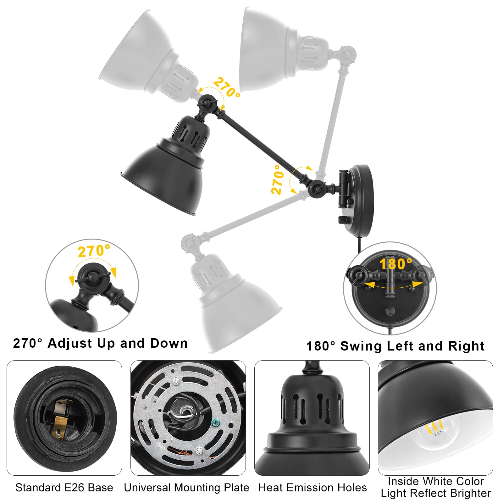 Goodate Black Remote Plug-In Wall Sconces, 2 Pack, Dimmable Led, Night Light & Timer