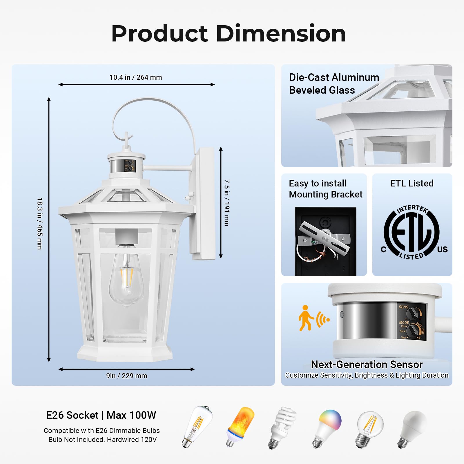 Vianis Motion Sensor Outdoor Light Fixtures Wall Mount  Large Aluminum Dusk To Dawn Outdoor Wall Lantern  White Waterproof Porch Lighting  Modern Exterior Lighting Fixtures For Patio  House