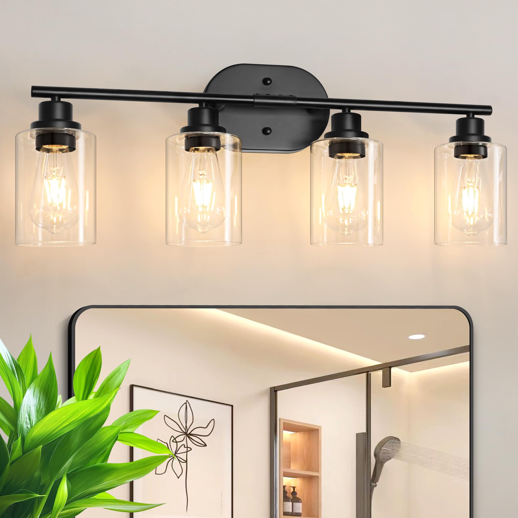 Unicozin Bathroom Light Fixtures  4 Light Vanity Lights for Bathroom  Black Wall Lamp with Clear Glass for Mirror  Living Room  Hallway  Cabinet  E26 Base