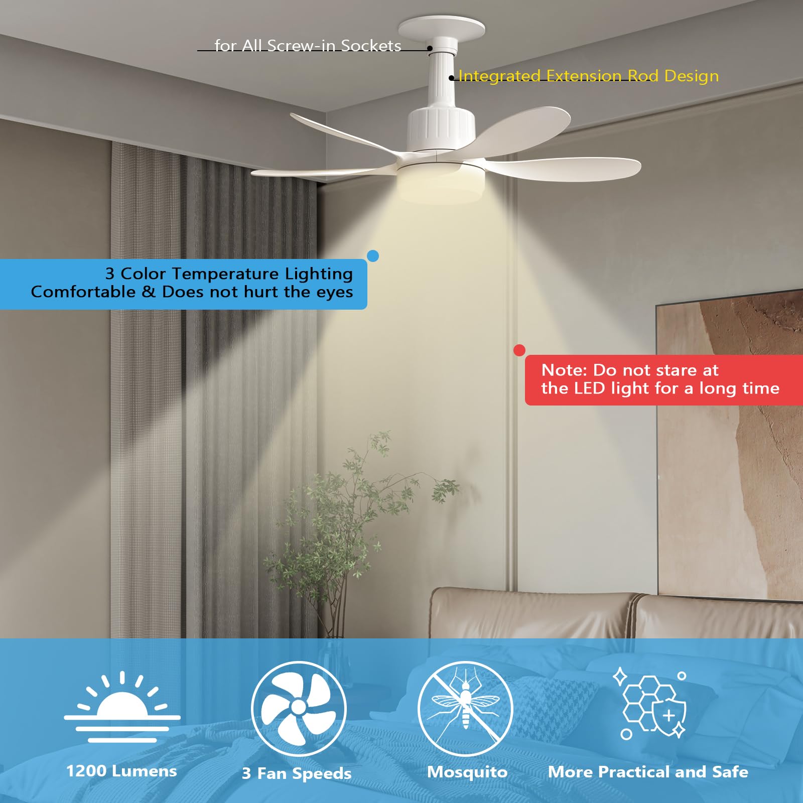 Socket Fan Light, 22&quot; Ceiling Fan With Led Lights And Remote, 3 Fan Speeds, Adjustable Cool & Warm Light, Wireless Screw In Socket Fan Light For Bedroom, Kitchen, Living Room, 1200 Lumen, E26/E27 Base