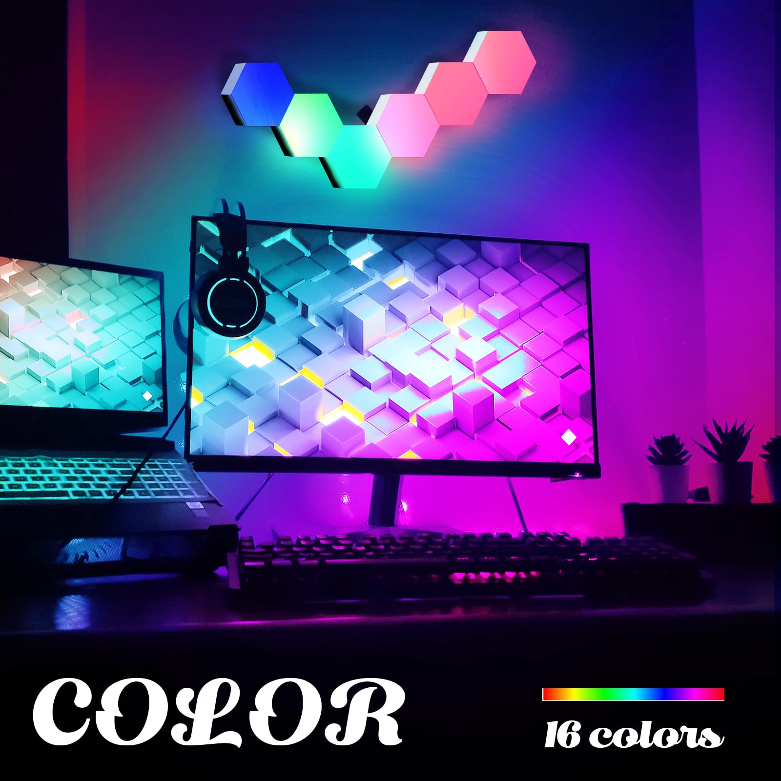 ODISTAR Remote Control Hexagon Wall Light, RGB LED, Touch-Sensitive, 10-Pack, Acrylonitrile Butadiene Styrene, Colorful Decor for Bedroom