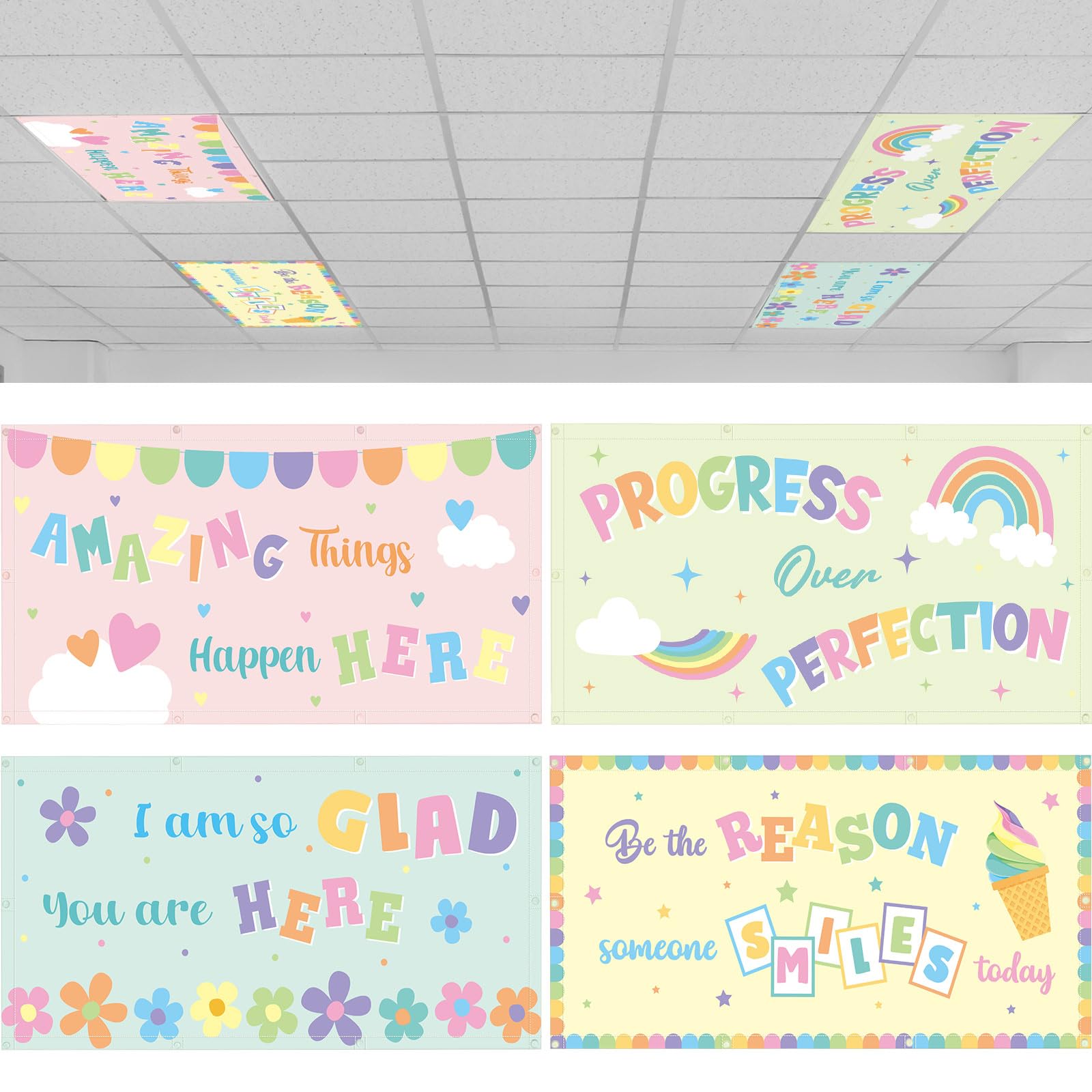 ROCEEI Pack of 4 Fluorescent Light Covers for Ceiling Lights, 4 x 2 ft, Magnetic Light Covers for Classroom Office Home School(P