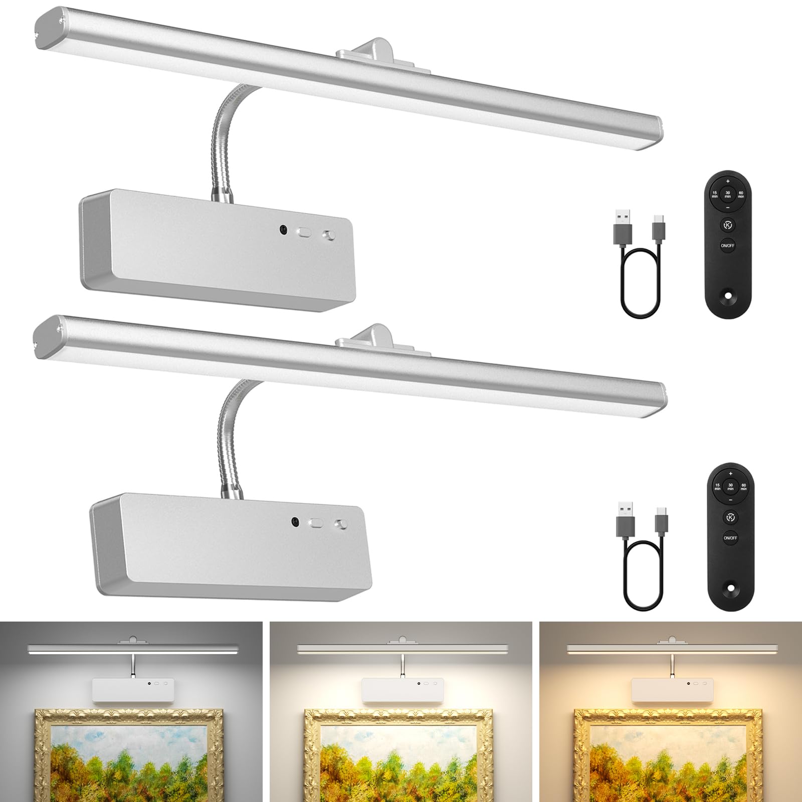 Picture Light with Remote, 15.35inch Wireless Rechargeable Battery Wall Light for Paintings, 3 Colors Paintings Light Dimmable &