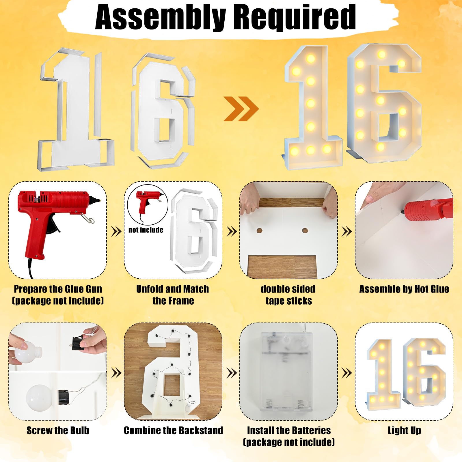 4Ft Light Up Numbers 16 Large Numbers With Lights Bulbs White Marquee Frame For 16Th Party Boys Girls Birthday Decorations Pre-Cut Mosaic Cardboard Giant Cut-Out Thick Foam Board Sign Anniversary