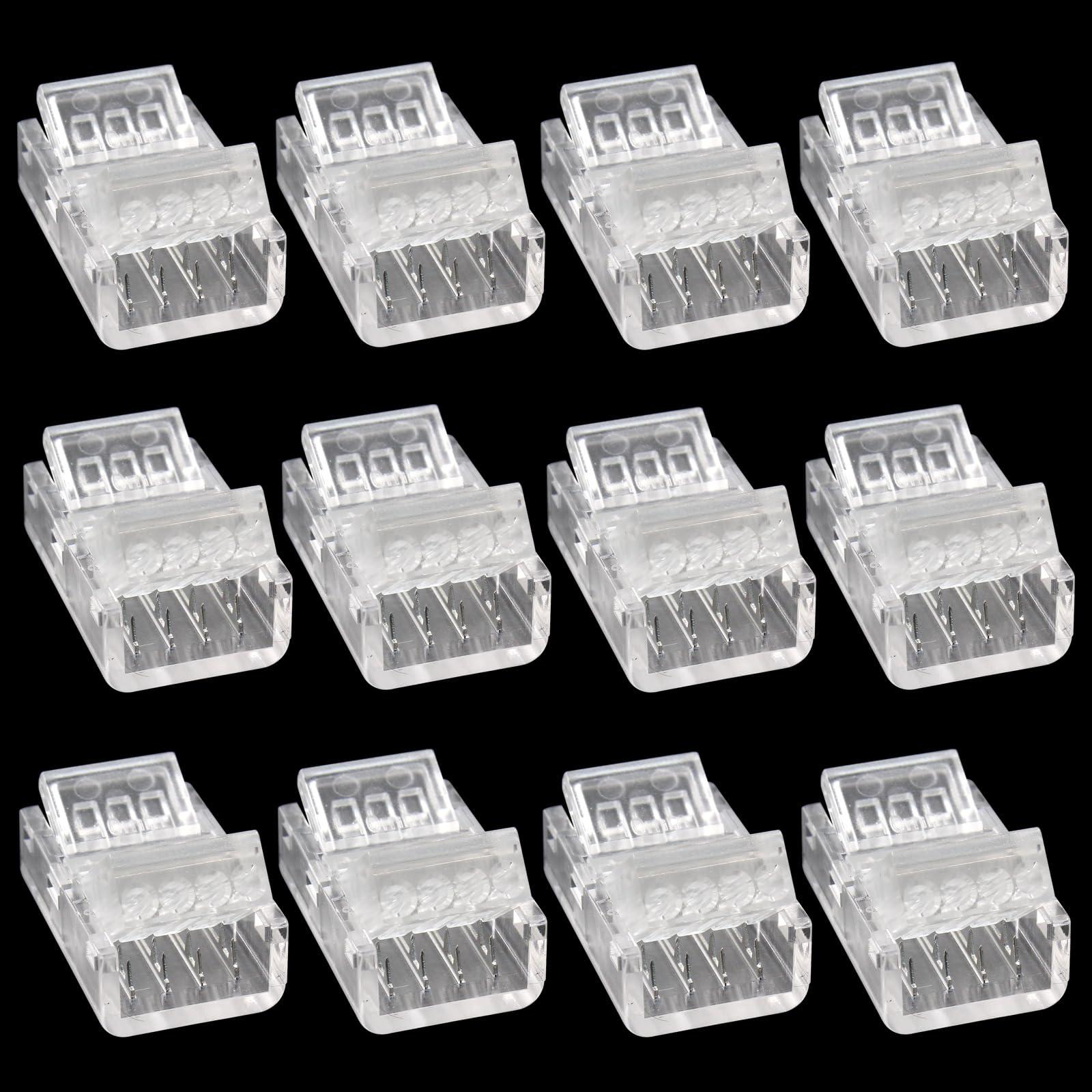 Kyuionty 12 Pcs 4-Pin 10mm LED Band to Wire Connector  Solderless RGB LED Band Lights Adapter Connectors for Band Light Unwired Gapless Track Connector 5v 12v 24v (Transparent)