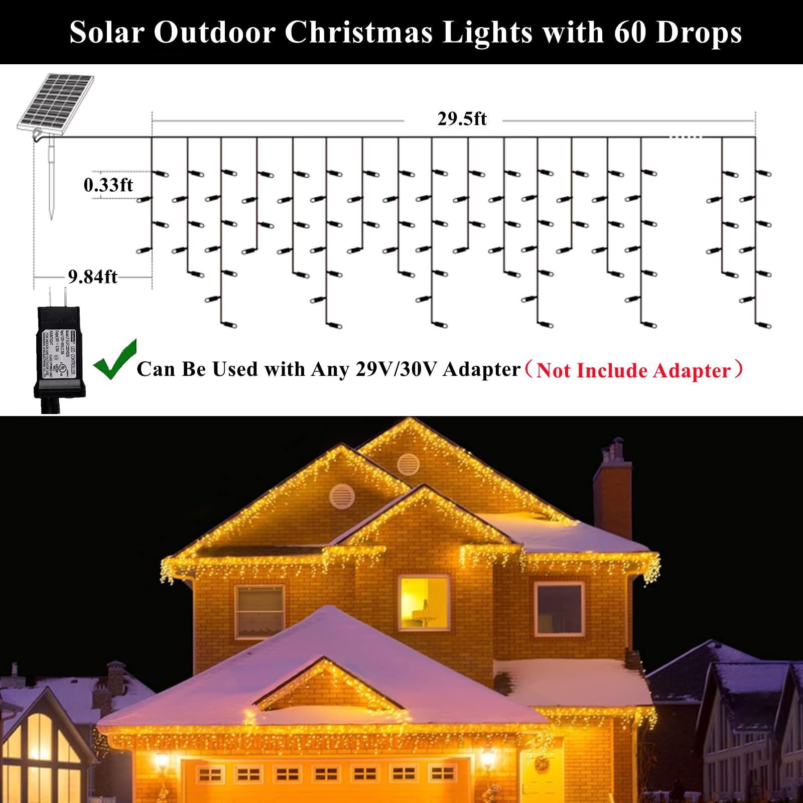 Solar Christmas Lights Outdoor Waterproof Christmas Decorations Curtain Lights 320Led 29.5Ft 60 Drops, Solar Powered Rechargeabl