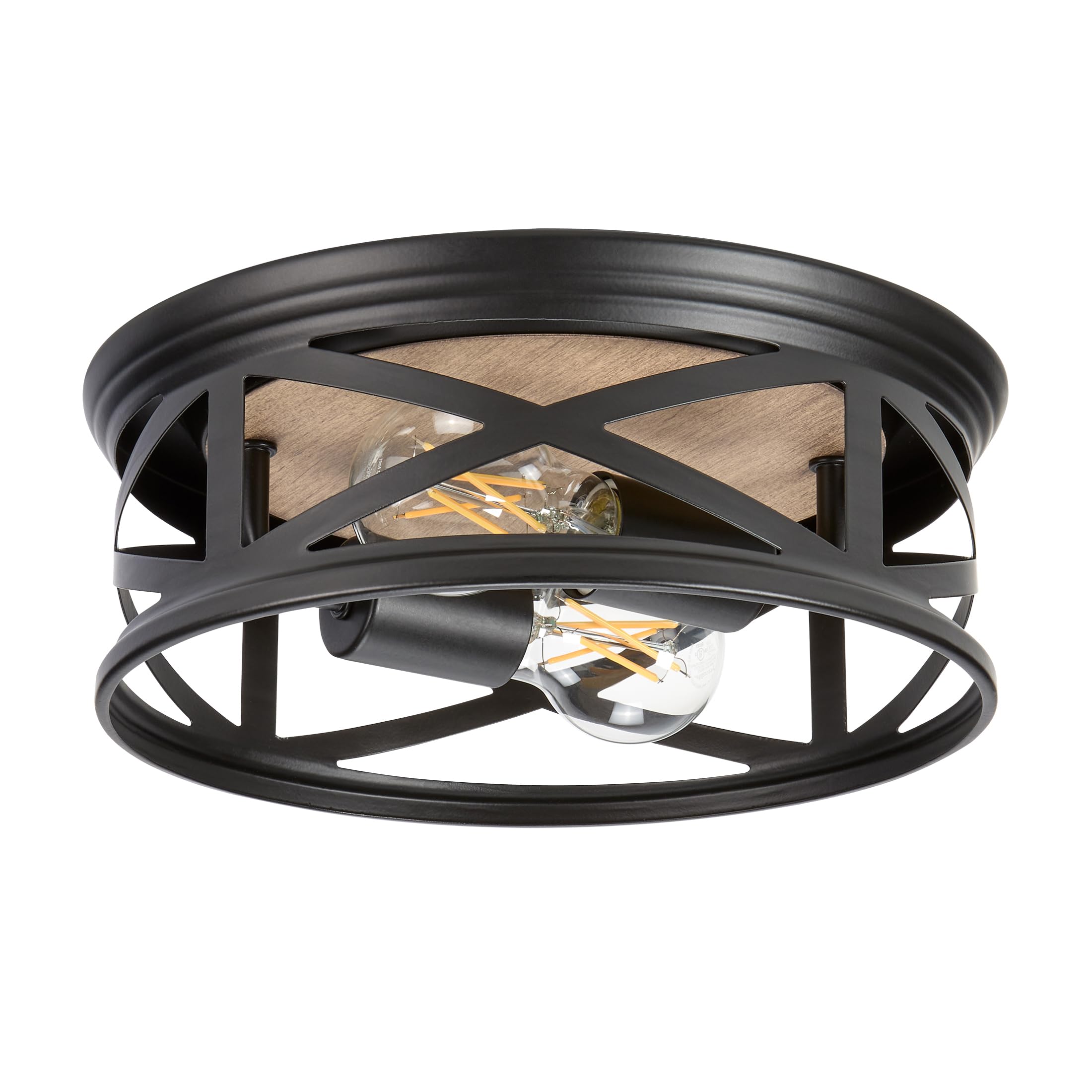 Maxxima Indoor/Outdoor Flush Mount Ceiling Light Fixture, 2-Light Round Farmhouse Close To Ceiling Entryway Light, Black W/Wood 