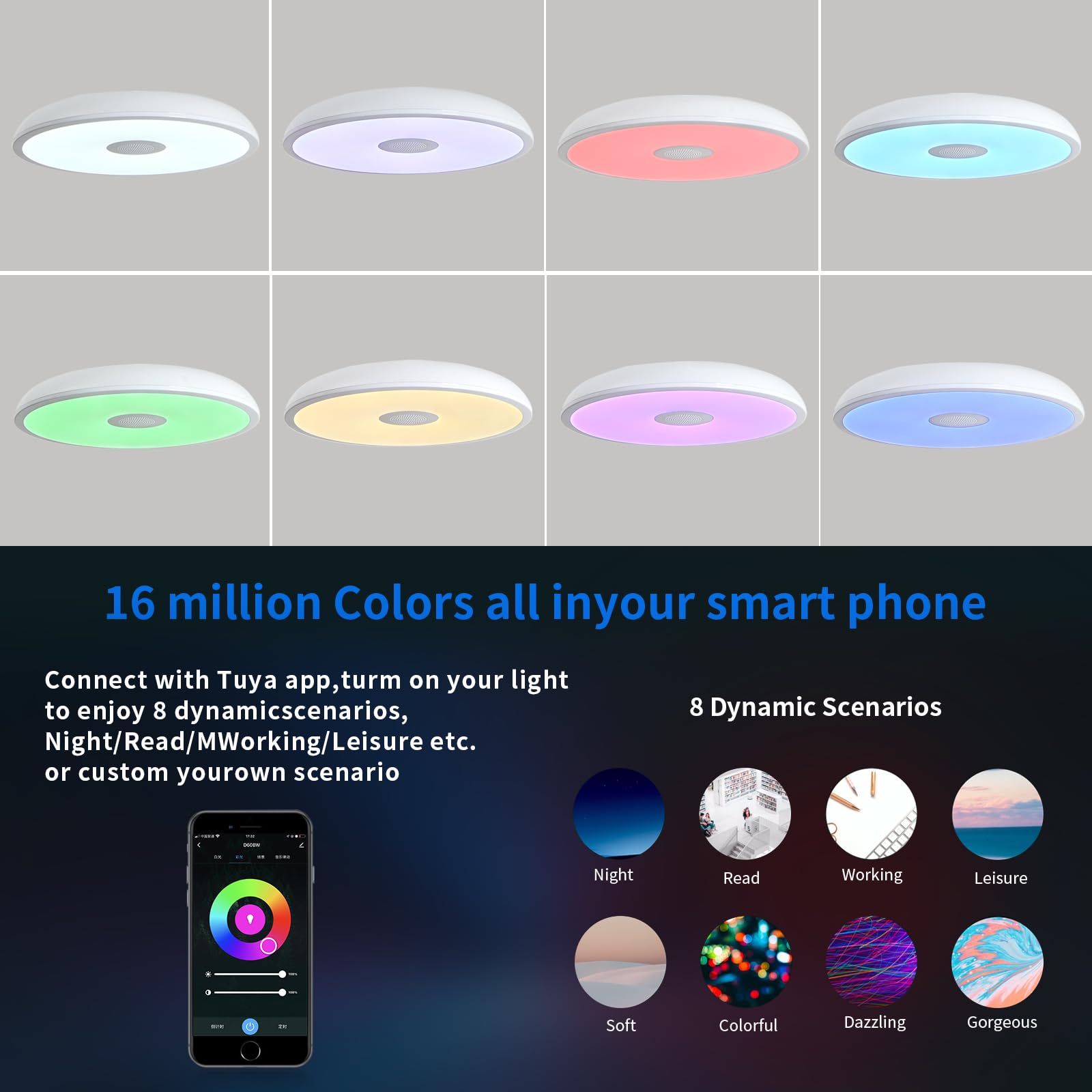 Asall Smart Waterproof Led Ceiling Light Fixture,11 Inch 18W,With Bluetooth Speaker,Rgb Color Changing Function-2700K-6500K Dimm