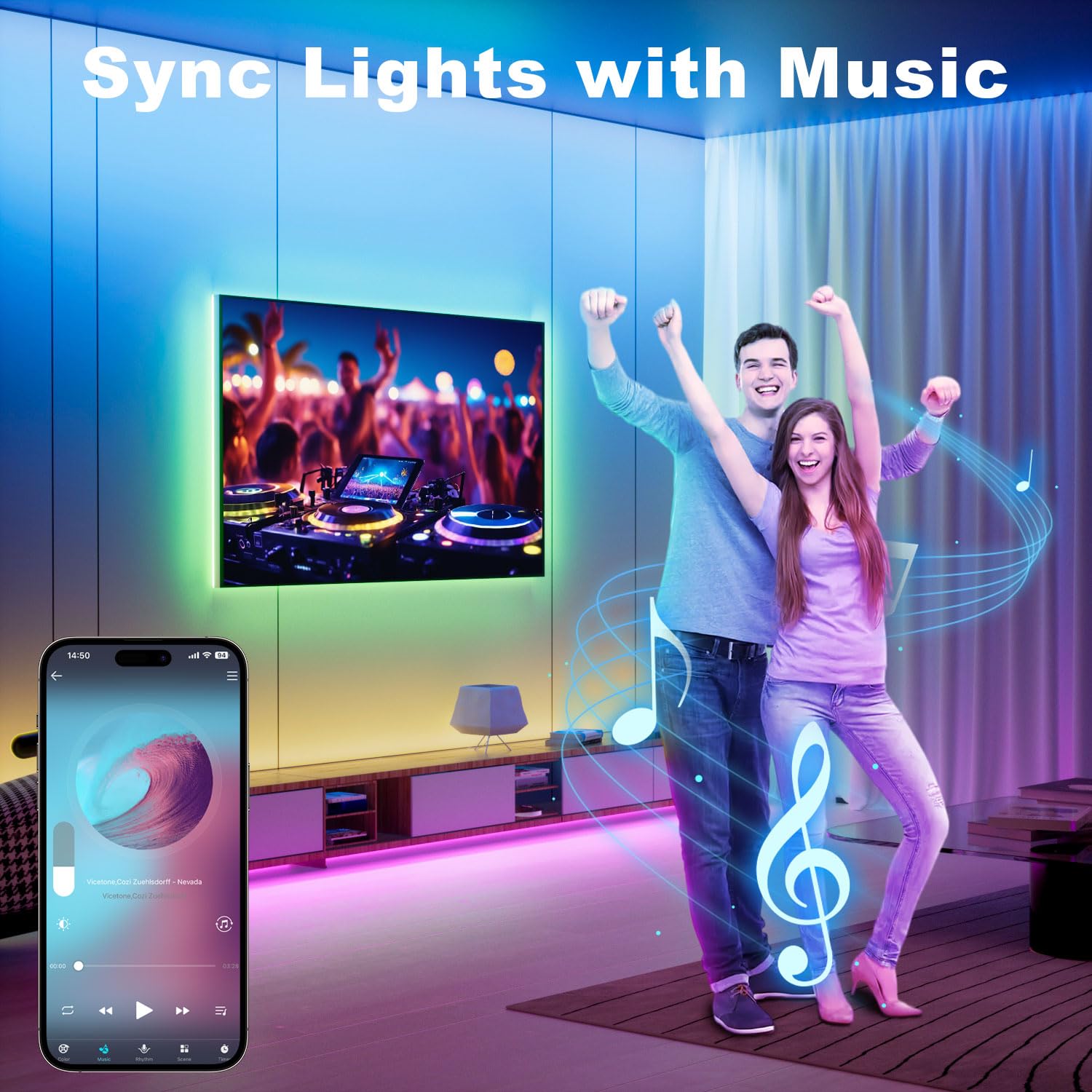Keepsmile 131Ft Led Strip Lights (2 Rolls Of 65.5Ft) Bluetooth Smart App Control Rgb Led Light Strip With Remote,Music Sync Colo