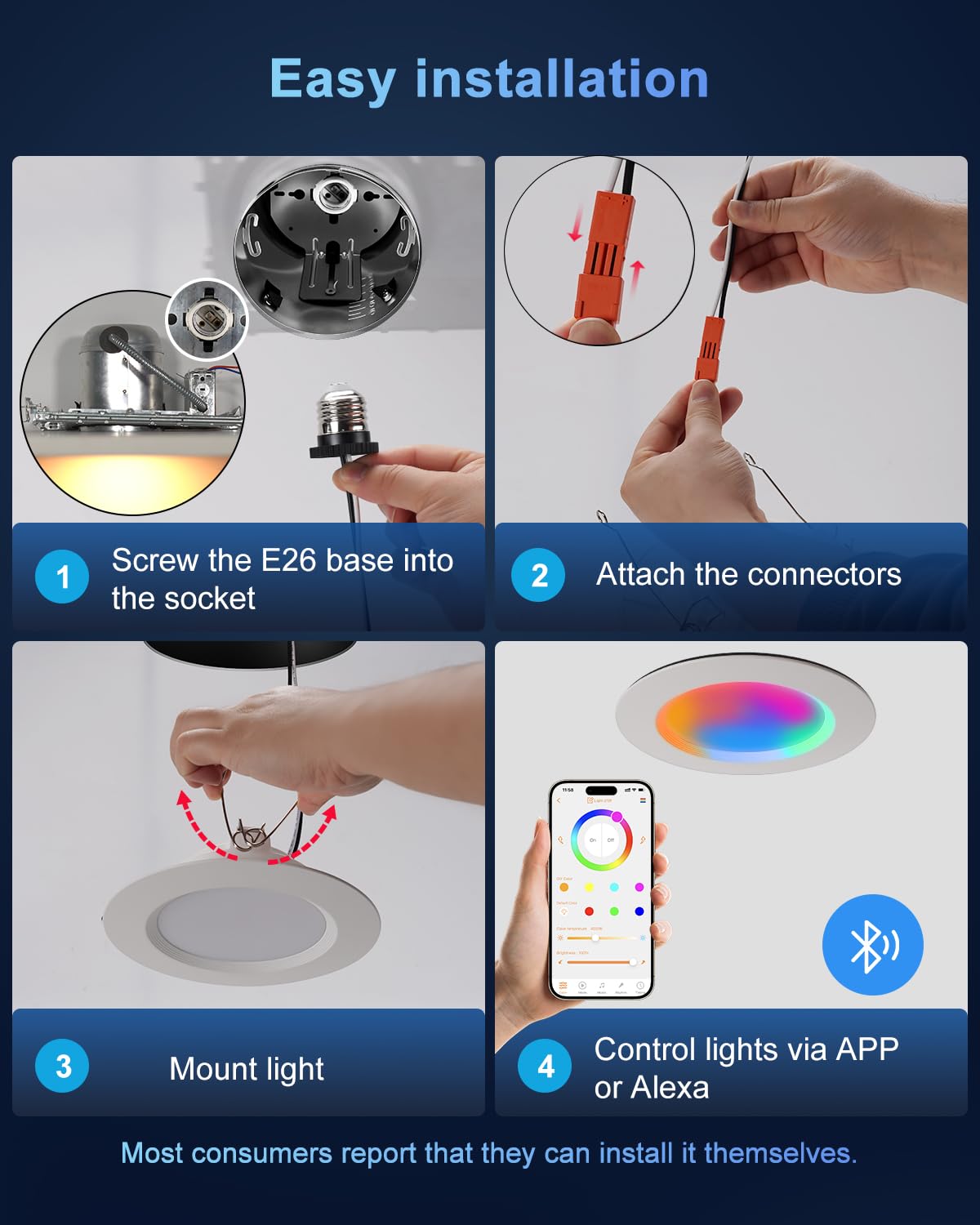 Varicart Smart Recessed Lighting 6 Inch  Rgbcw Color Changing Led Can Lights Bluetooth Connect  Flicker Free  13W 1300Lm  Dimmable Retrofit Downlight Works With Alexa Voice & App Control  Etl  1 Pack