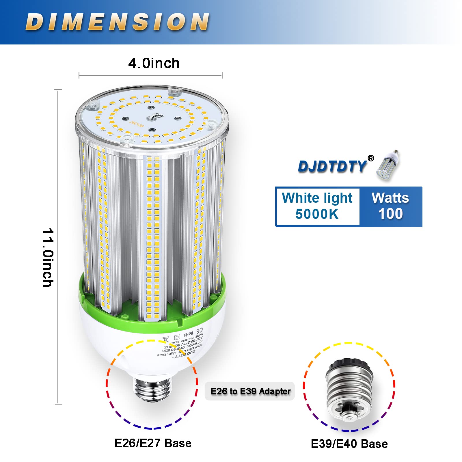 DJDTDTY LED Corn Light Bulb, 100W, 15000 Lumen, E26/E39 Base, 5000K Daylight, Aluminum, 1 Count (Pack of