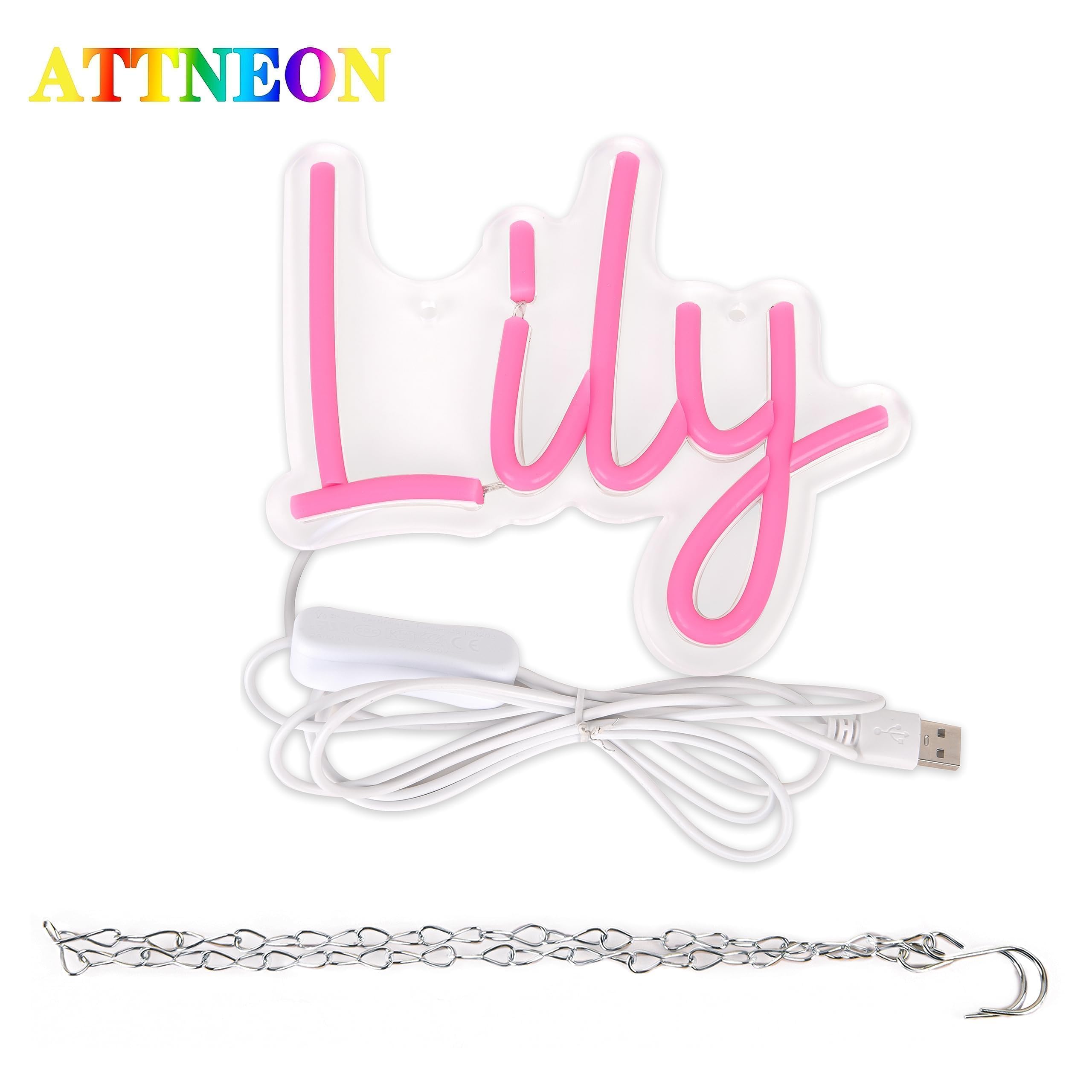 attneon Lily Name Neon Sign - LED Wall Decor for Kids, Pink, 9x6.7 inch, Model JTLD400