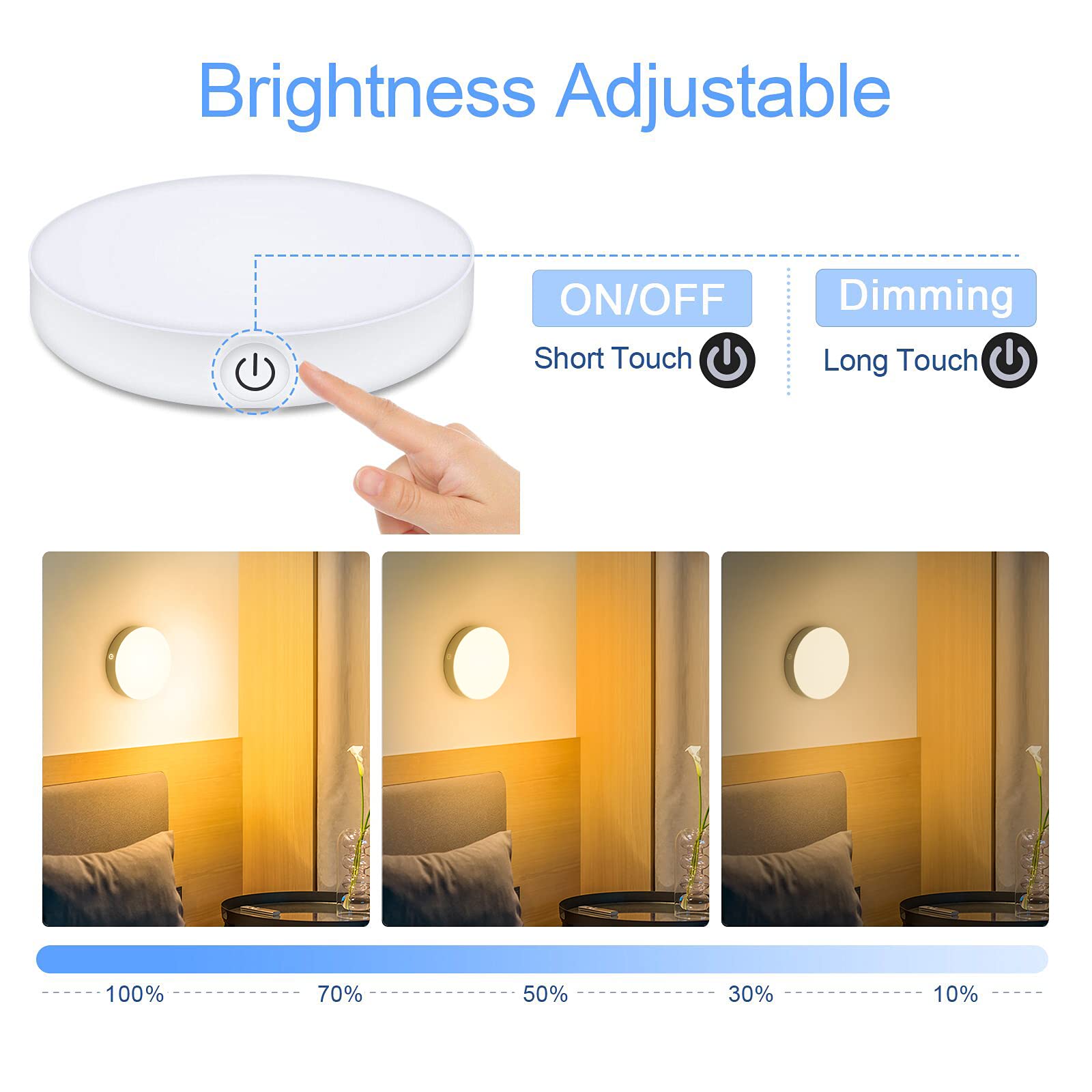 Ferswe Dimmable Touch Lights - 3000K Rechargeable, 1000mAh Battery, Stick-On Design for Closet, Cabinet, Shelf, Wall, Desk - White (2 Pack