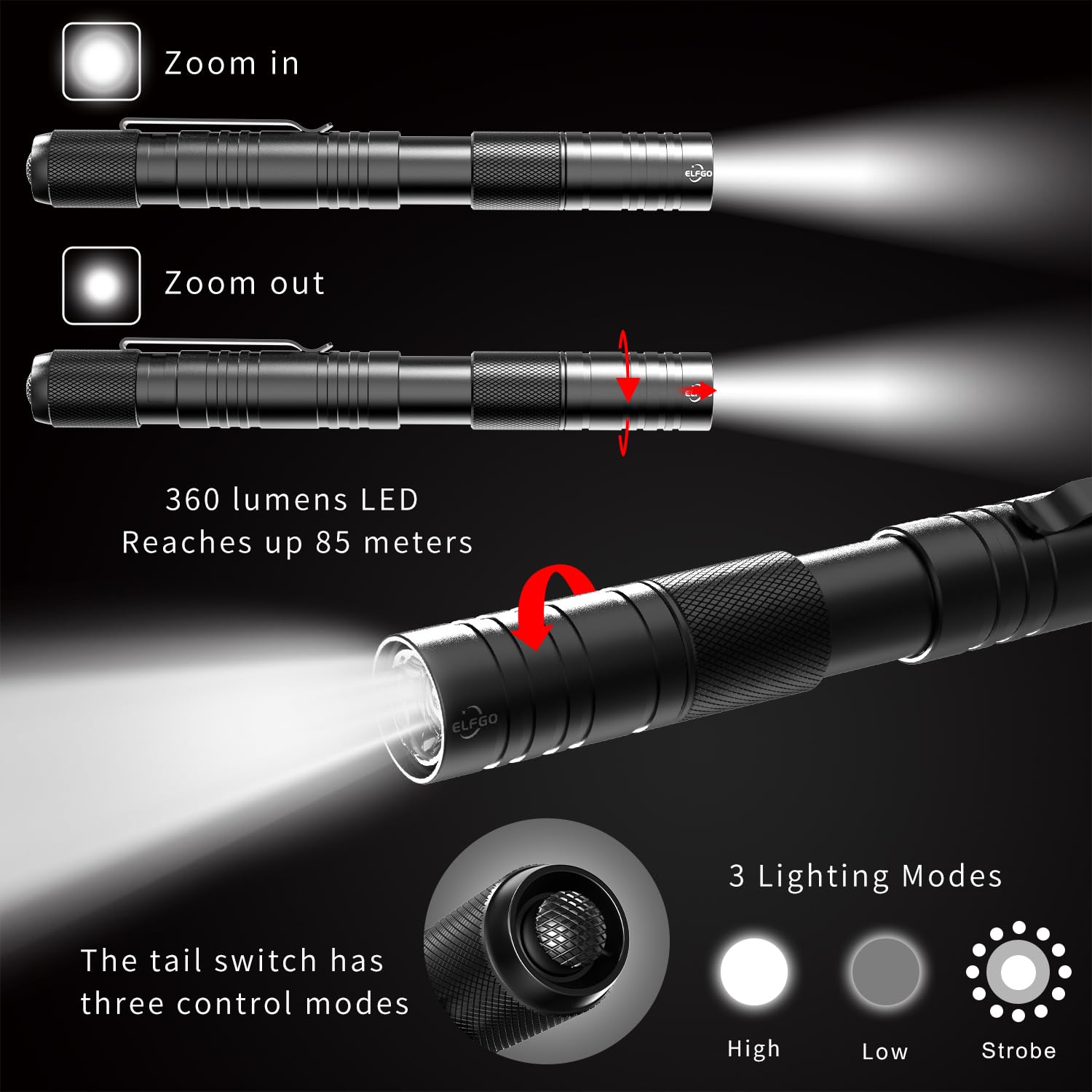 Elfgo Rechargeable Pen Light - 360 Lumens Zoomable Led Flashlight For Nurses, Doctors, Engineers