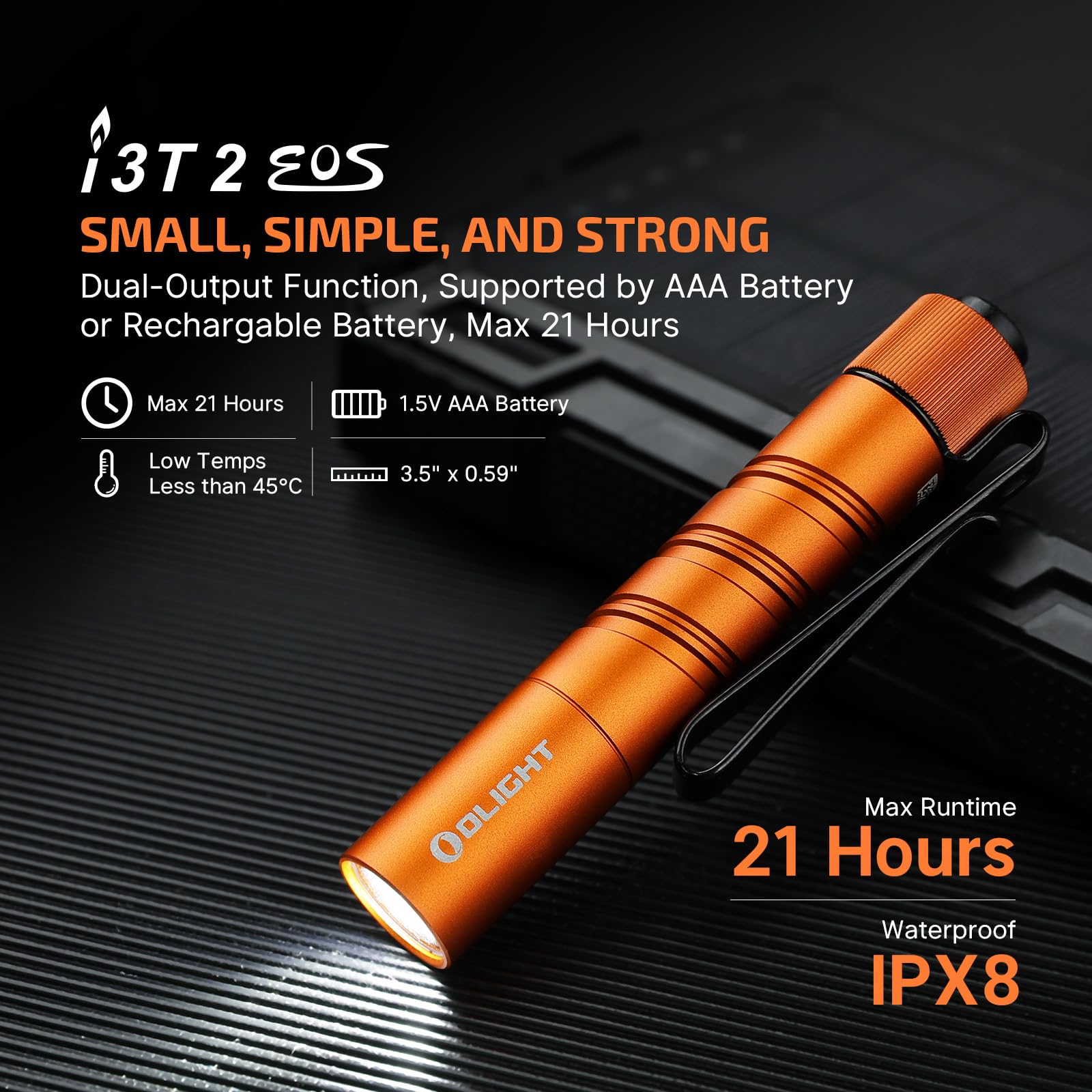 OLIGHT I3T 2 EOS Pocket Flashlight - 200 Lumens, Aluminum, Orange, Compact with Dual-Output Tail Switch, Model I3T2-OG-300000