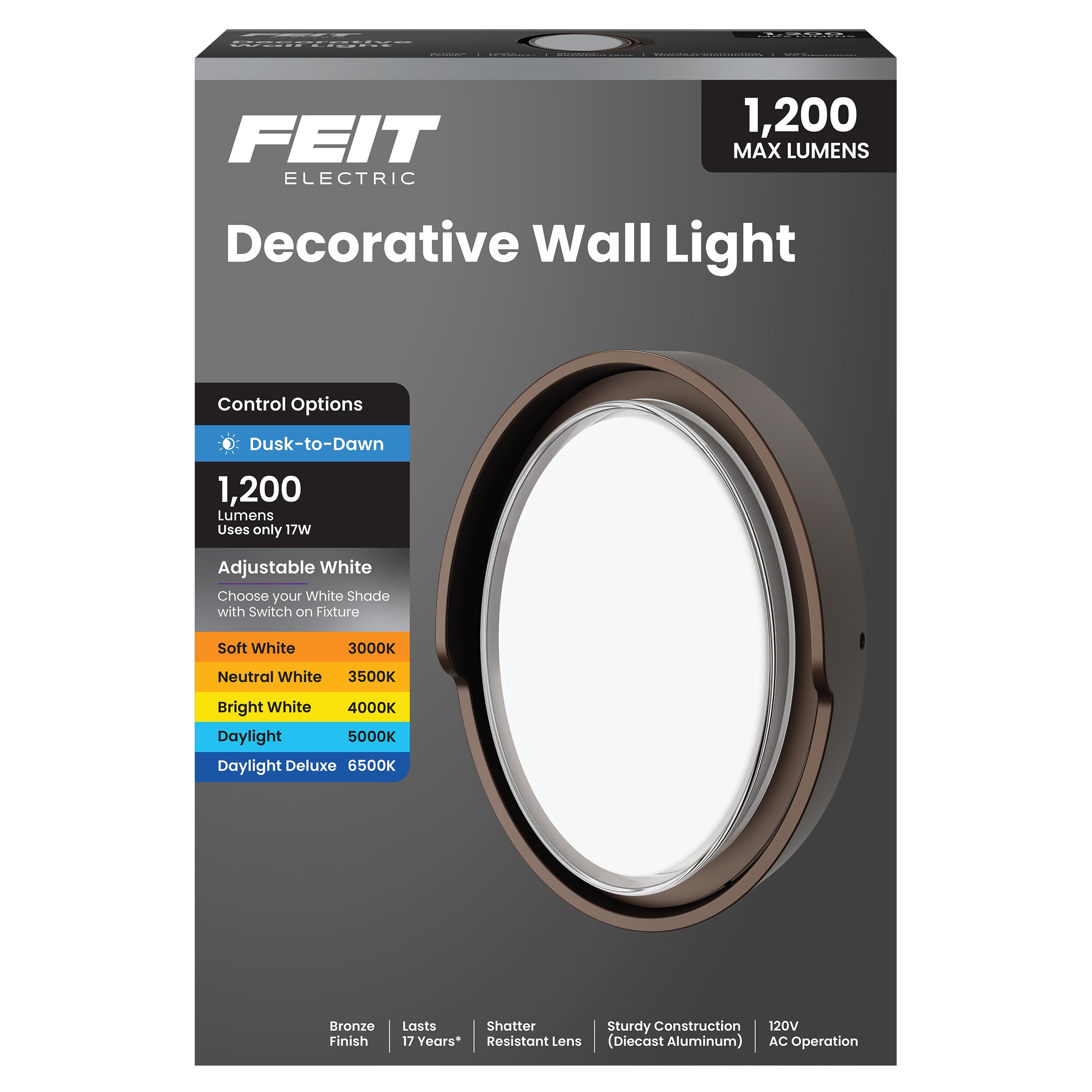Feit Electric LED Outdoor Wall Light, 1200 Lumens Dusk-to-Dawn Porch Light with 5CCT Selectable Color (3000K-6500K), Bronze Exte