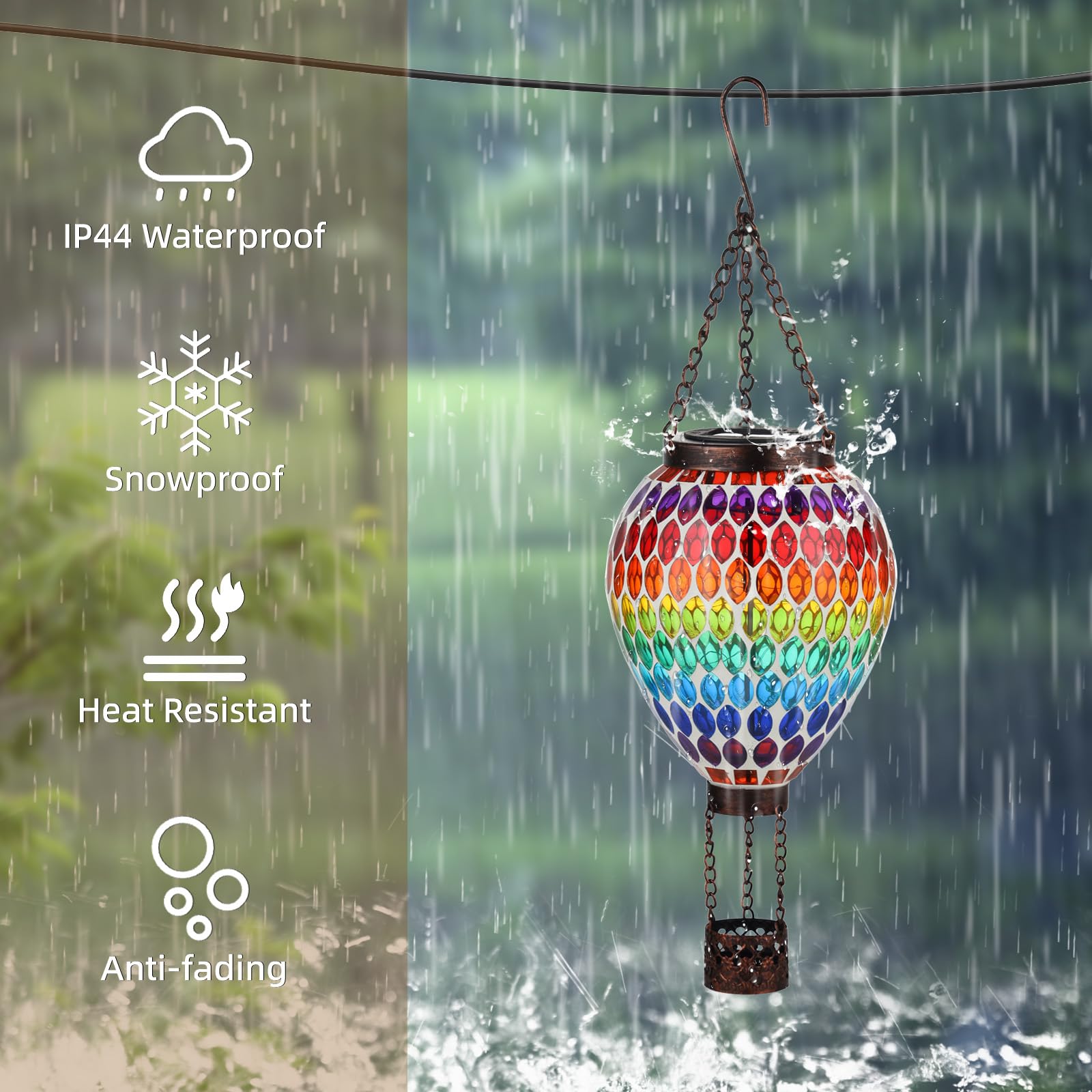 Voreen Hot Air Balloon Solar Lantern  Handmade Mosaic Solar Outdoor Hanging Wind Light  Waterproof  Patio Festive Decor  Gift For Mom Wife Friend  Rainbow Pattern