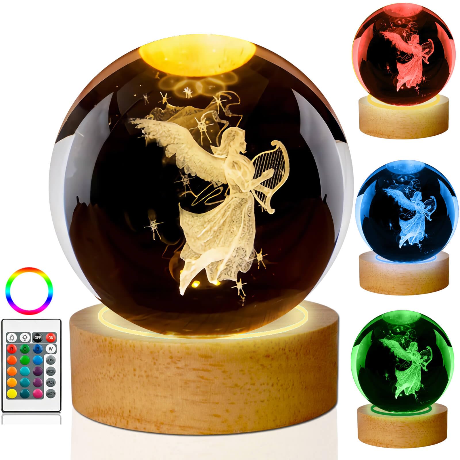 LINSINA Guardian Angel Crystal Ball Lamp,16 Colors Glass Angel Figurine Ball Night Light with Wooden Base and Remote Control, An