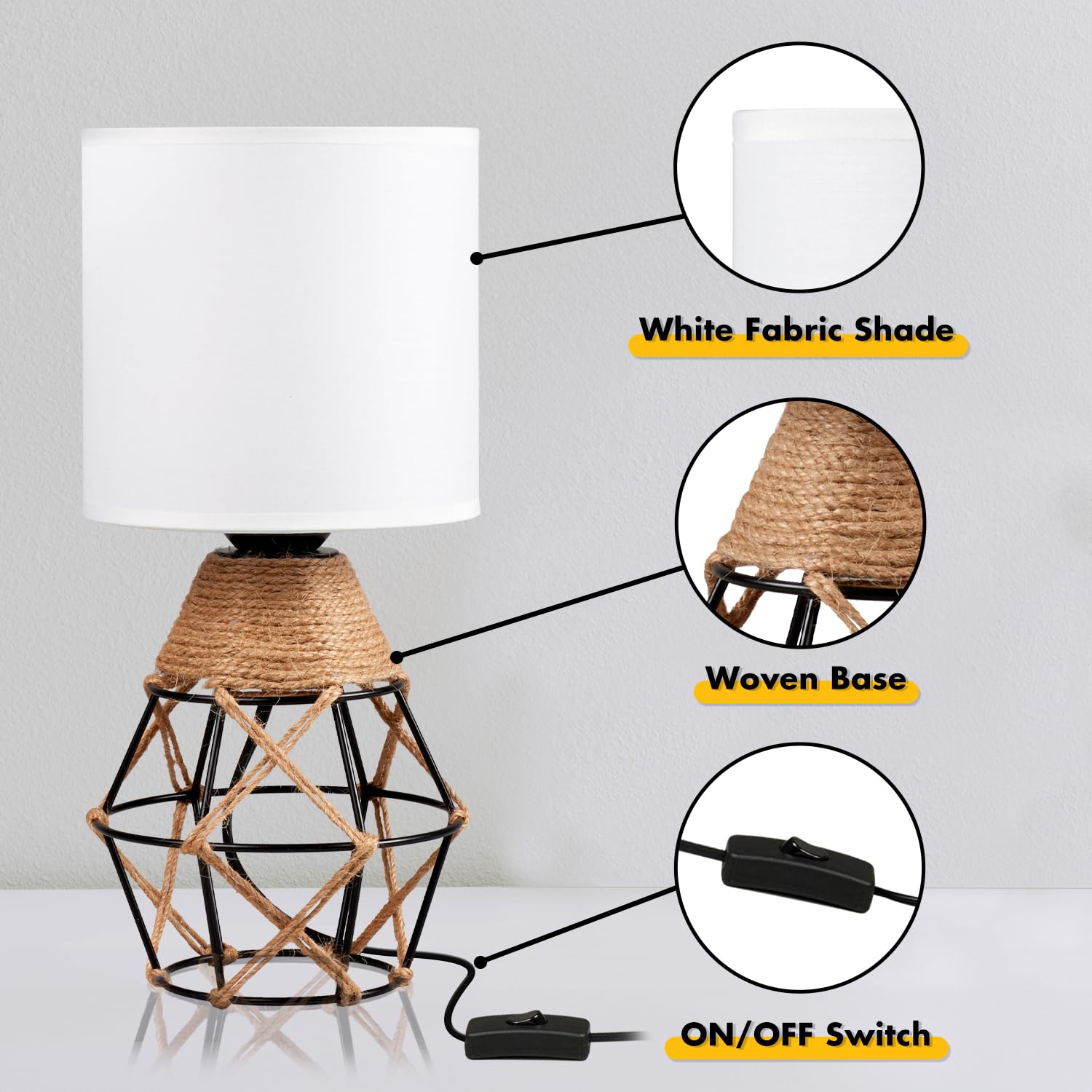 Hamilyeah Boho Lamp, Woven Table Lamp For Nightstand With On/Off Switch, Bedroom Lamp With White Fabric Shade, Simple Lamp For B