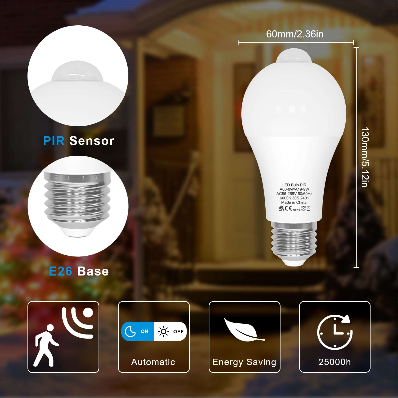 ORALUCE Motion Sensor Light Bulbs, A19 E26 9W, 60W Equivalent, Cool White, 2 Pack, Indoor/Outdoor, Aluminum, Model A60-9W