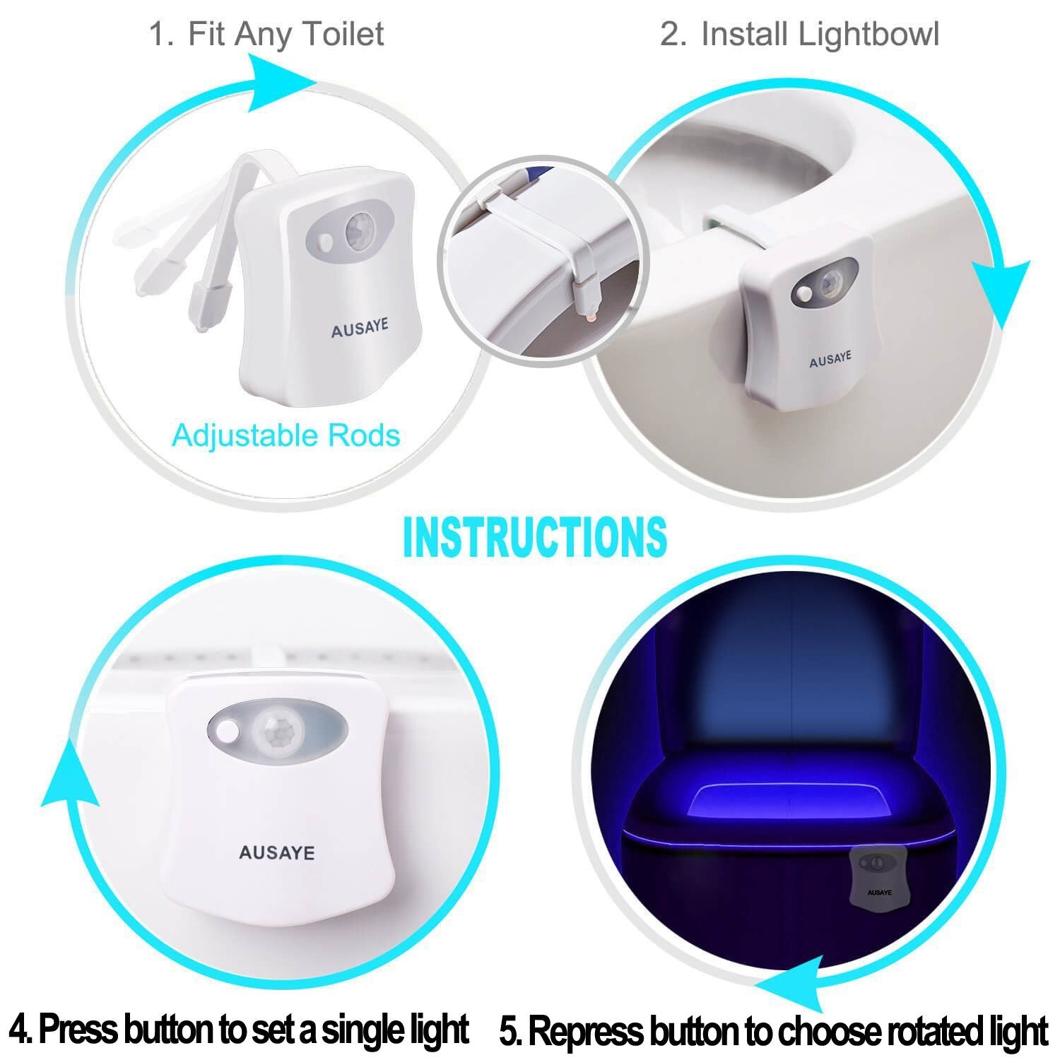 AUSAYE Toilet Night Light, 16 Color Changing, Motion Sensor, 2 Pack, Plastic