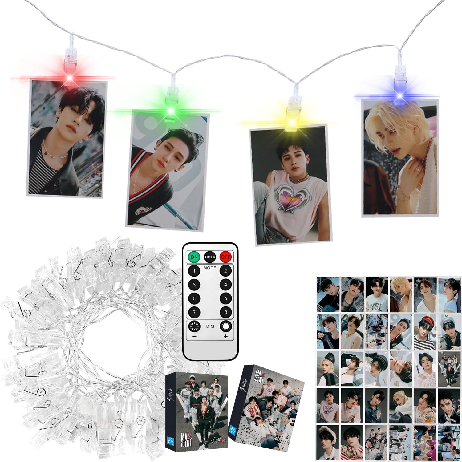 eTel Like Stray Kids Merch 4 Colors LED Clip Light with Big Photocards, Remote Control 10Ft 20LED and 30Pcs 3.1x 4.7 Lomo Card, 