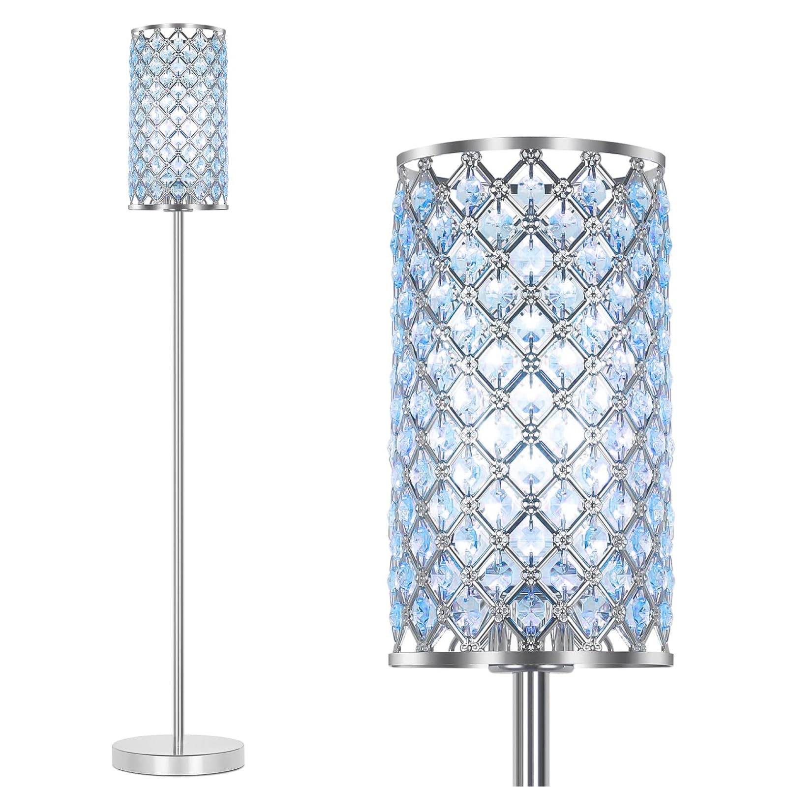 Floor Lamp for Living Room, Crystal Floor Lamp Girl Bedroom Lights, Silver Standing Lamps with Teal Shade, Elegant Standing Ligh