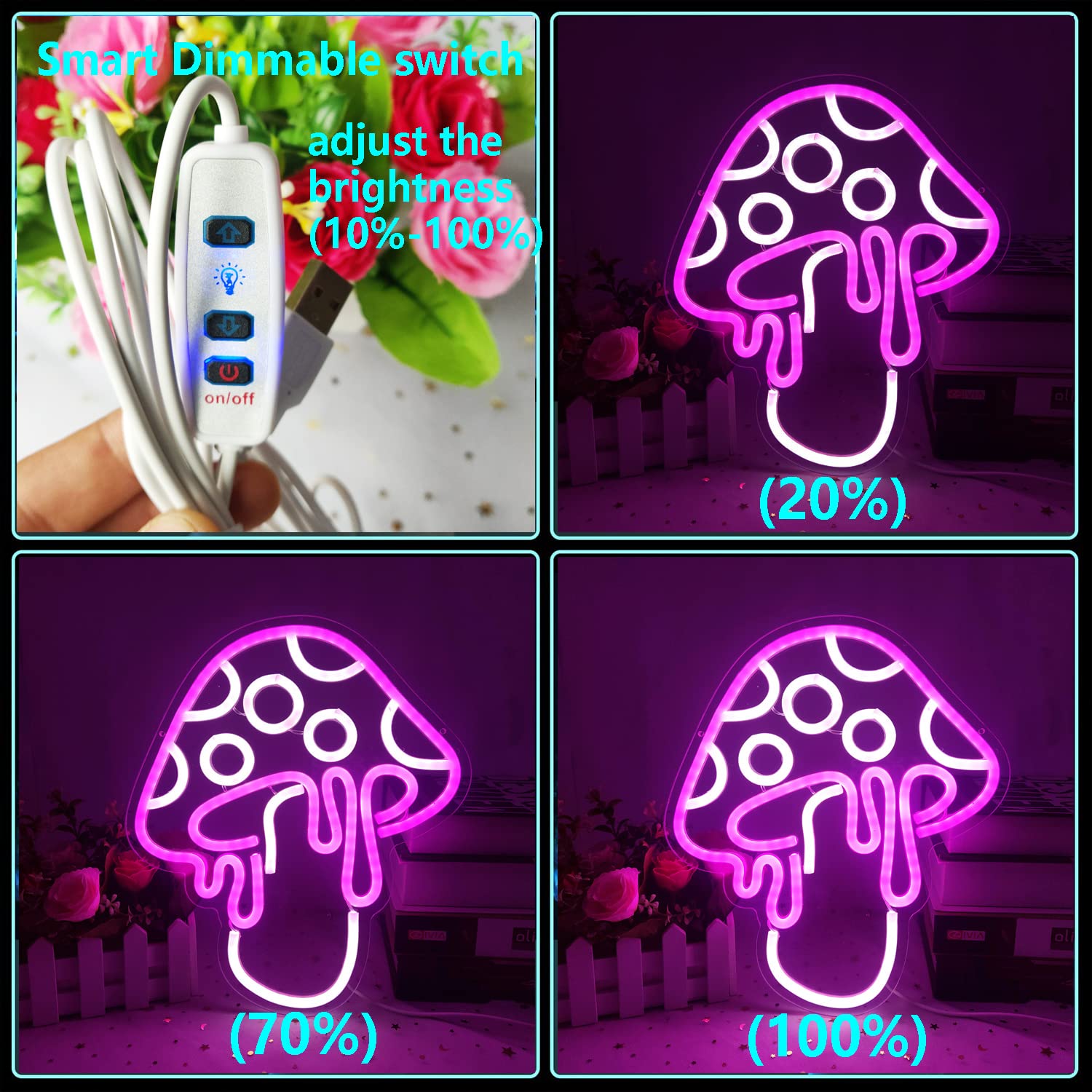 Mushroom Neon Sign Dimmable Led Cute Night Light 3D Wall Art Mushroom Neon Signs For Game Room Bedroom Decor Holiday Gift For Children Kids Girl (Pink)