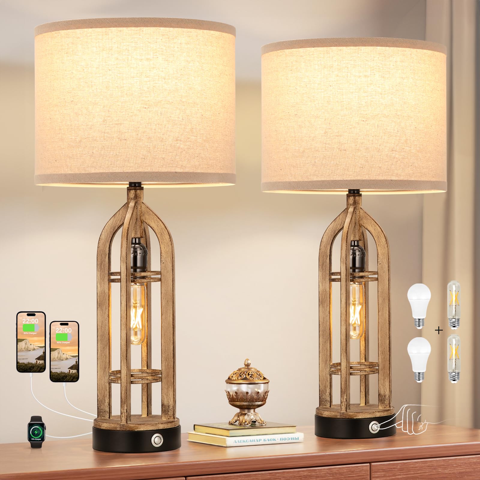 Seealle Table Lamp Set of 2 - 3-Way Dimmable Touch Lamps, D. Oat Shade & Wood-like Body, Model 09164, Farmhouse Design for Living Room