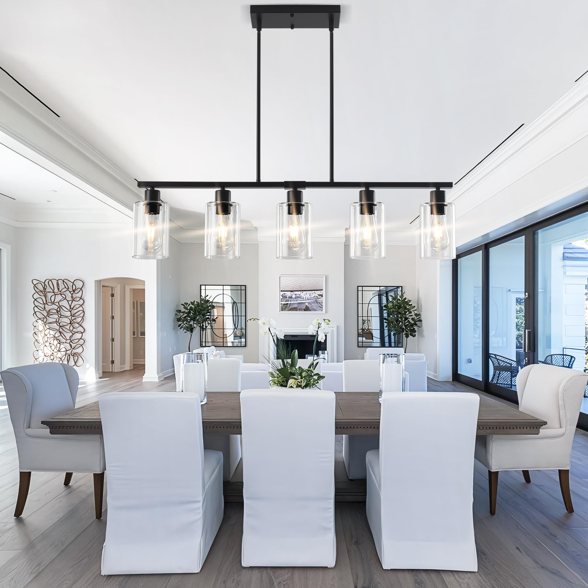 Yarlkav Black Linear Chandelier For Kitchen Island - 5 Light Pendant Lighting Fixture With Glass Shades, Adjustable Height Farmh