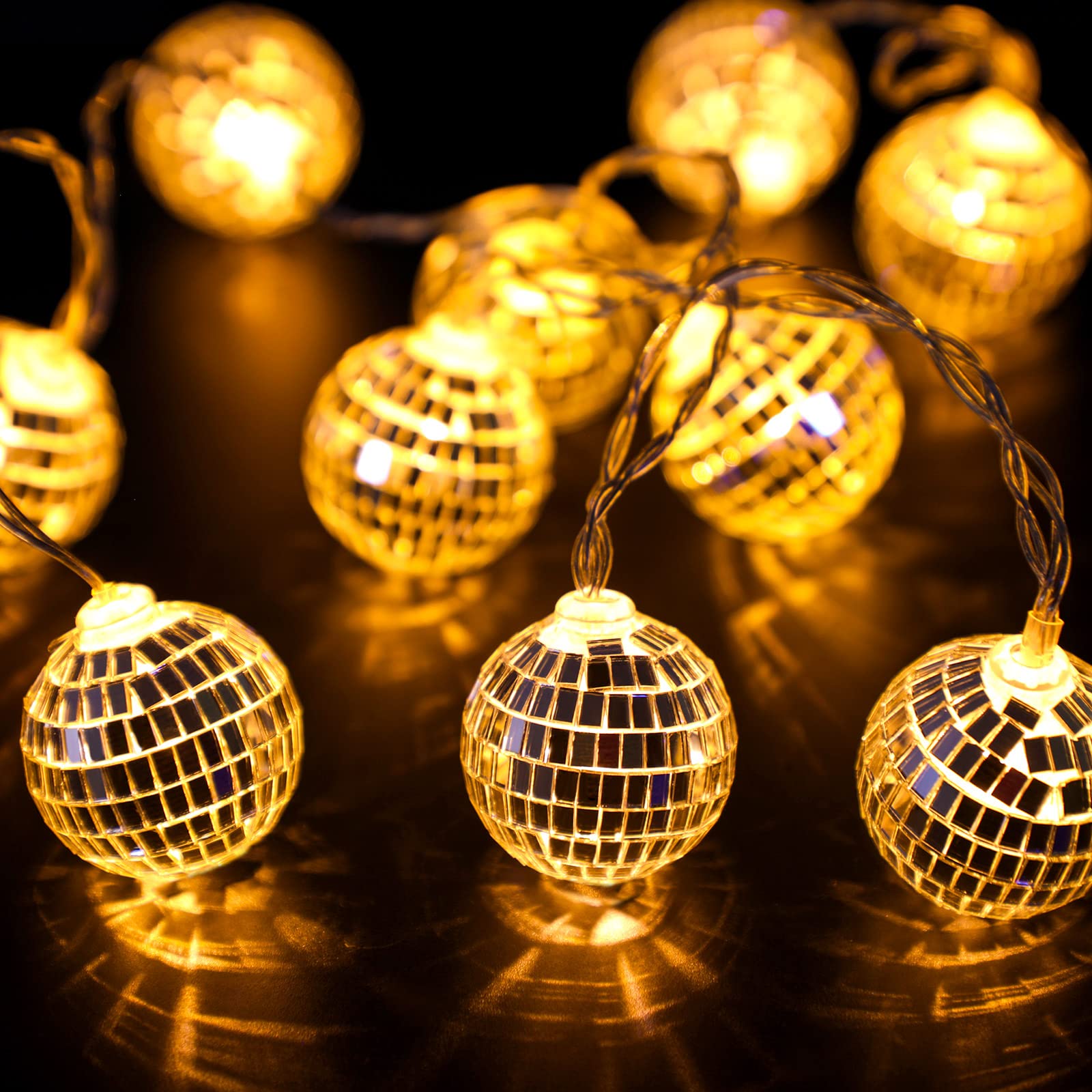 BBTO Disco Ball String Light - 20 LED, 9.84 ft Long, Battery Powered, Warm Silver, Mini Mirror Ball Ornaments, Model BBTO-Ornaments-2715