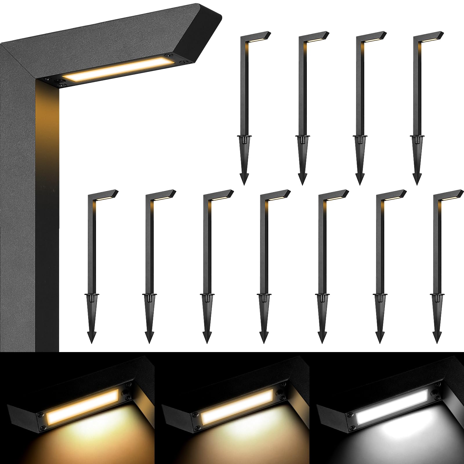 Gardencoin 3CCT LED Landscape Pathway Light, 12V, Aluminum, Black, Model APS-9303, 12 Pack, Selectable 3000K/4000K