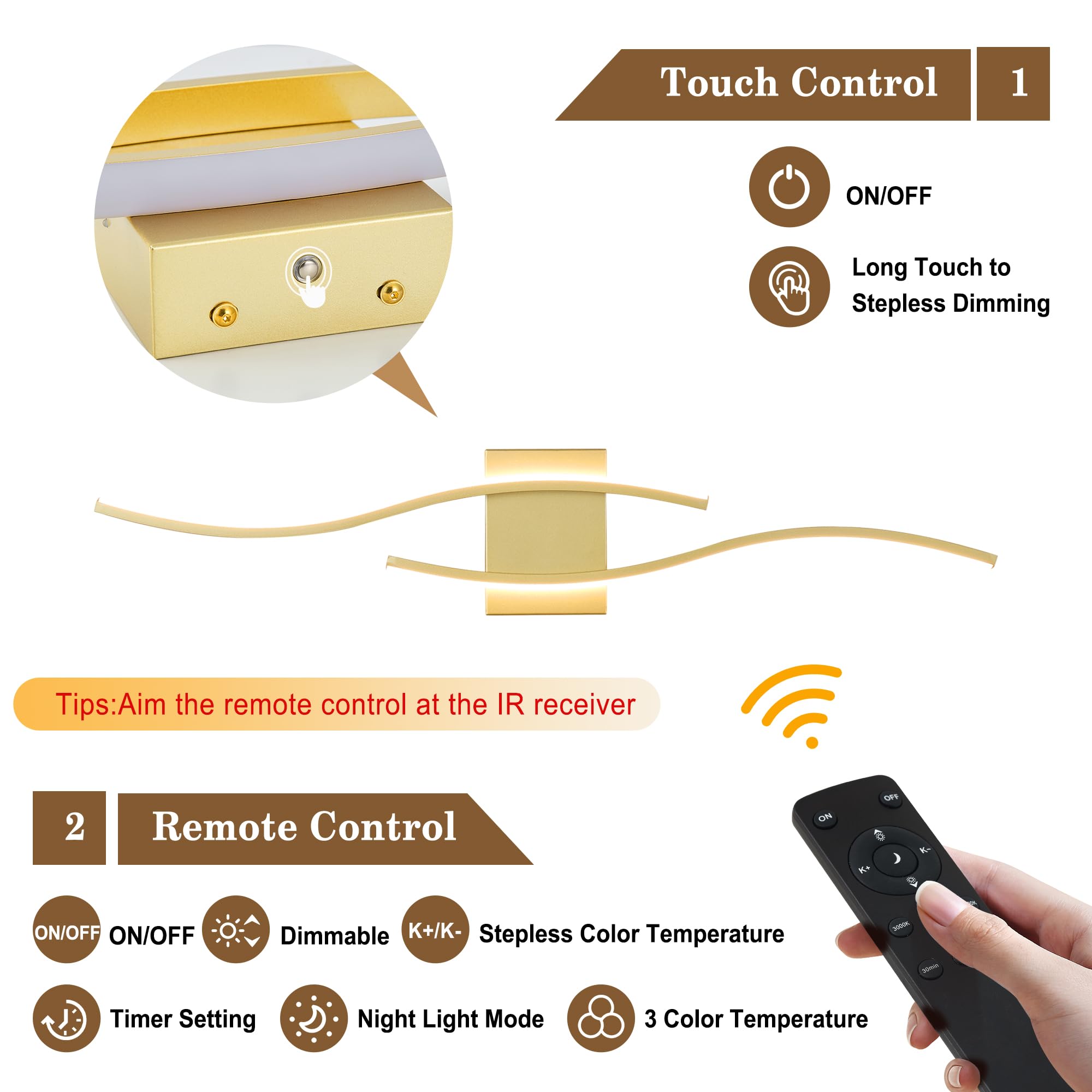 KARTOOSH Battery Operated Wall Sconces Set of Two, Dimmable LED, Gold, 27.5 Inch, Remote Control, Modern Design for Living Room, Bedroom