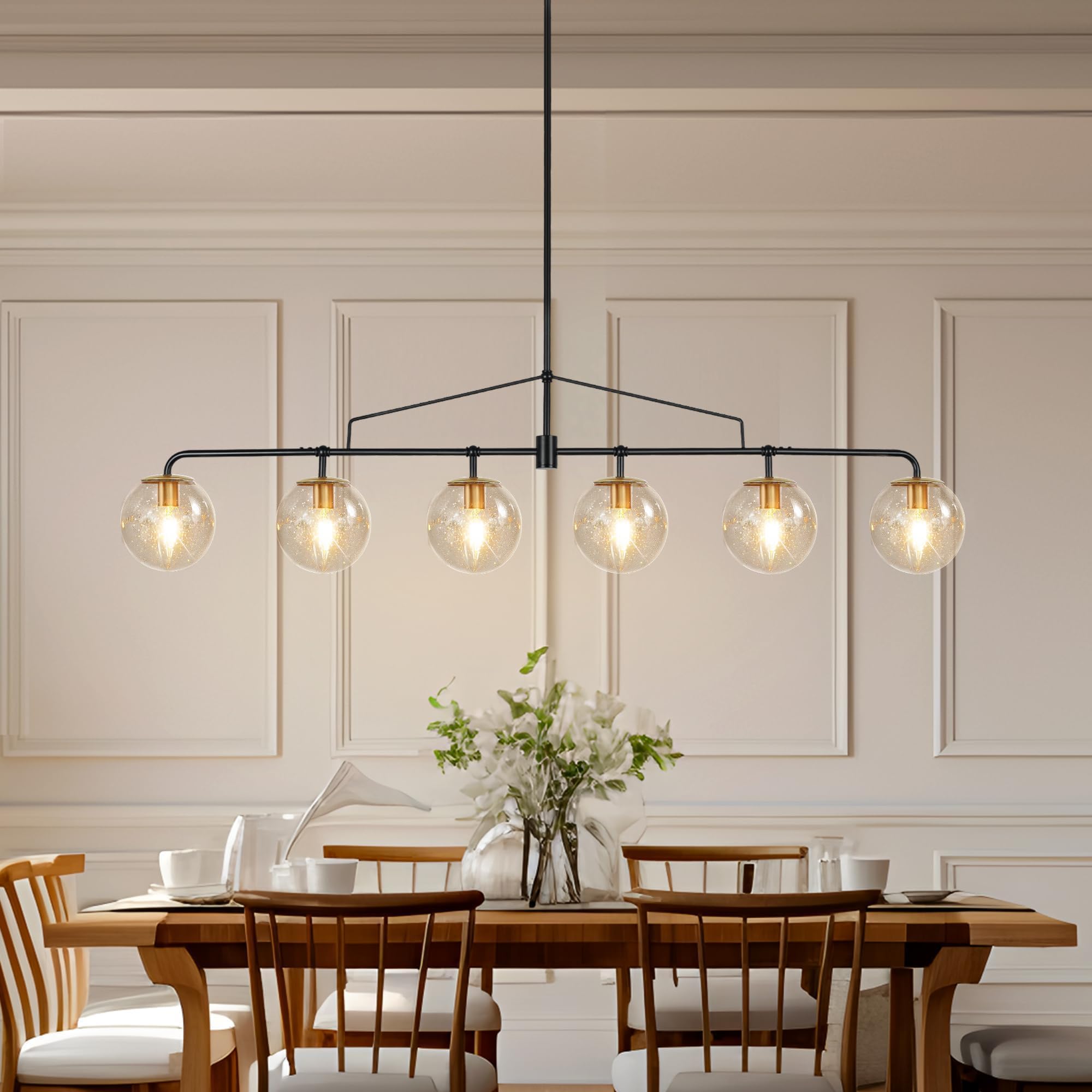Lzawvm Modern Linear Chandelier Black and Gold Chandelier Dining Room Light Fixture 6 Lights Linear Pendant Light with Seedes Glass Globe Shade for Farmhouse Island Over Tble  Length 51.58 Inch