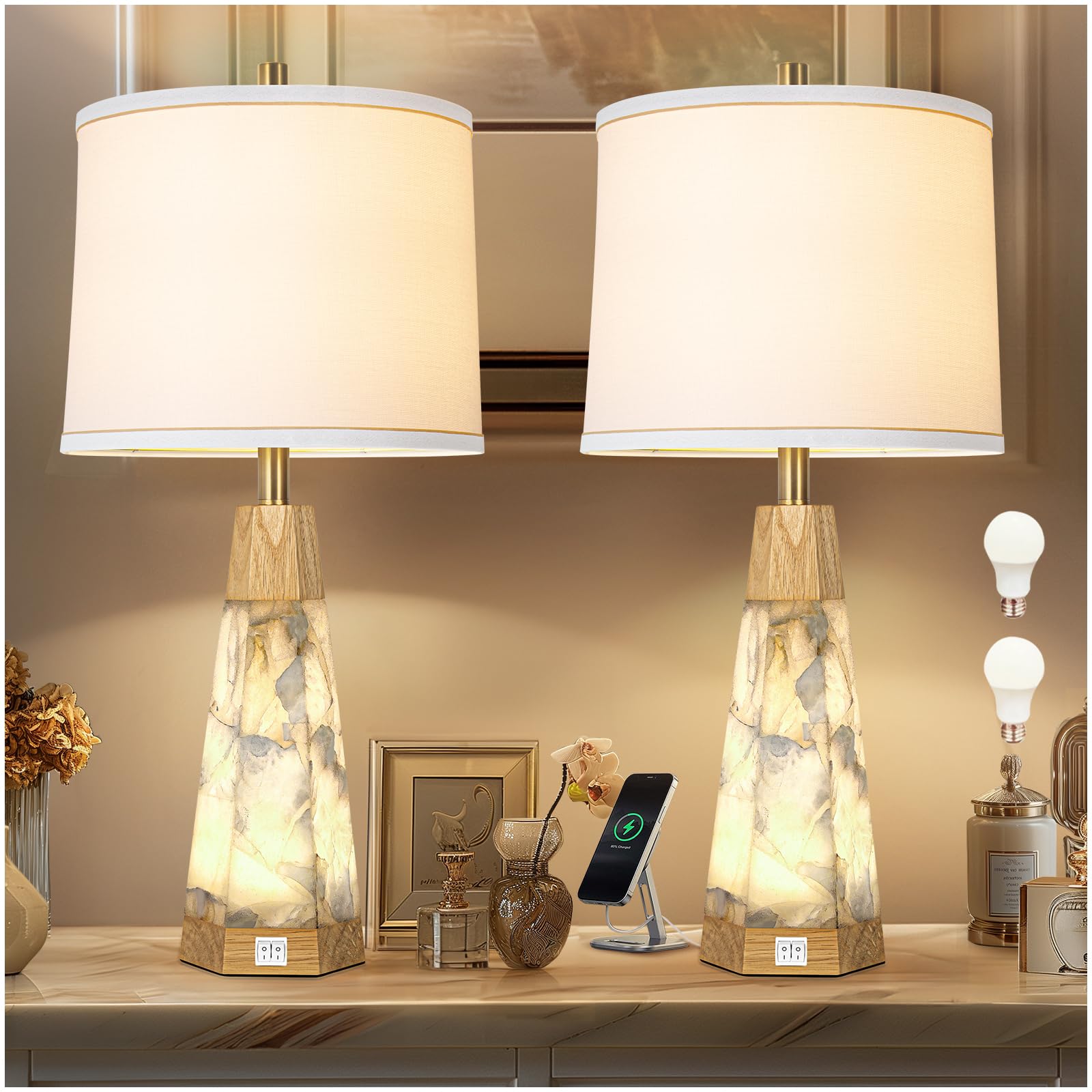 Kivditzo Natural Alabaster & Wood Table Lamp Set Of 2 With Usb Ports & Linen Shade