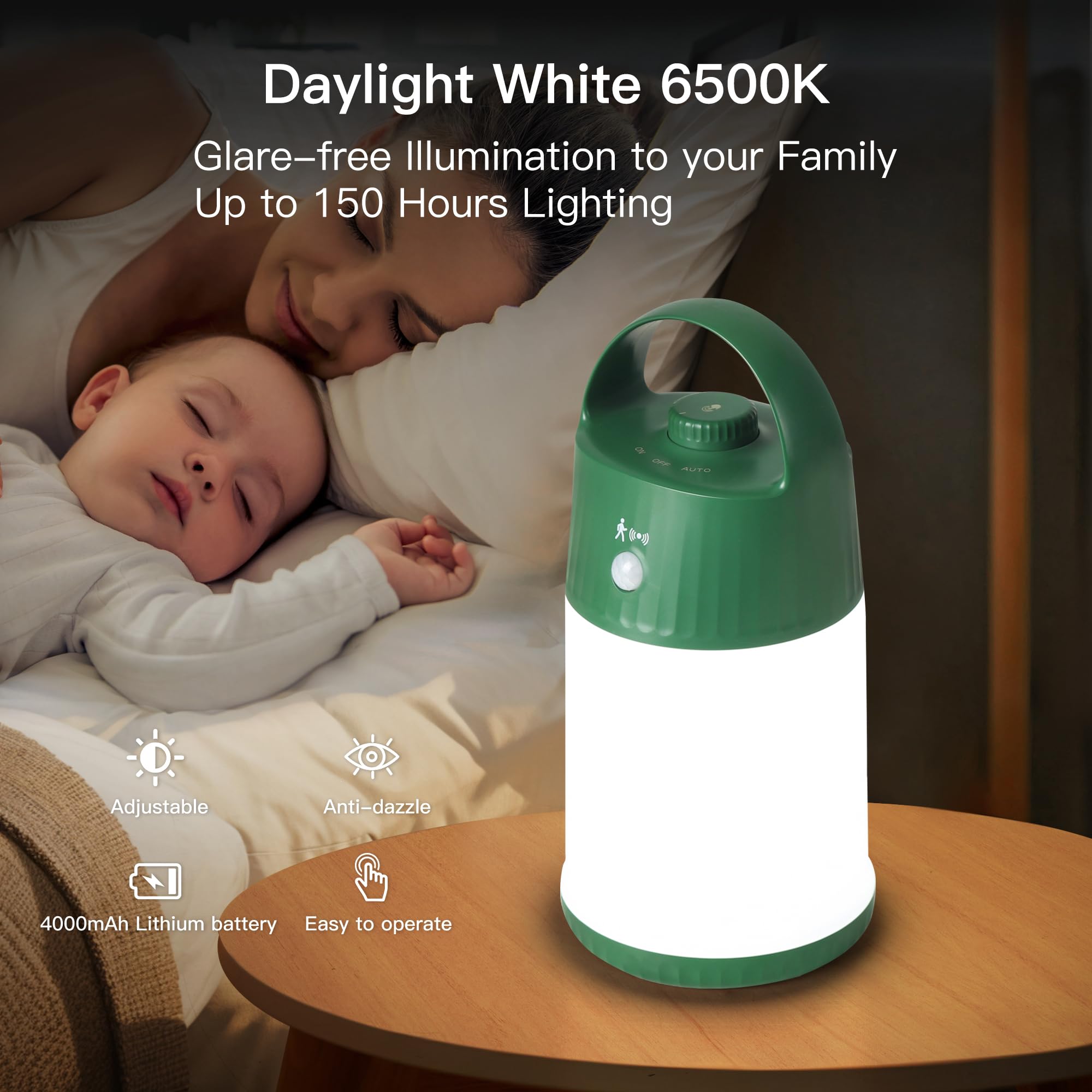 SMASOON Motion Sensor LED Night Light, Portable Table Lamp, 4 Brightness Levels, Battery Powered, Green, Model SD-880E