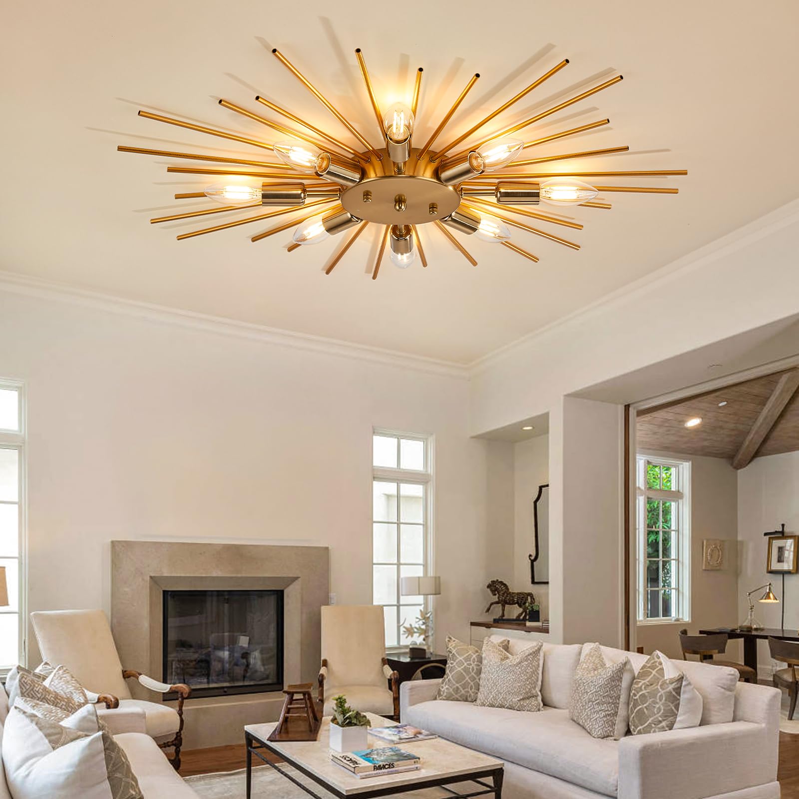 Yunnix 8-Light Gold Sputnik Chandelier - Modern Metal Ceiling Light for Dining Room, Kitchen, Bedroom, Hallway, Living Room
