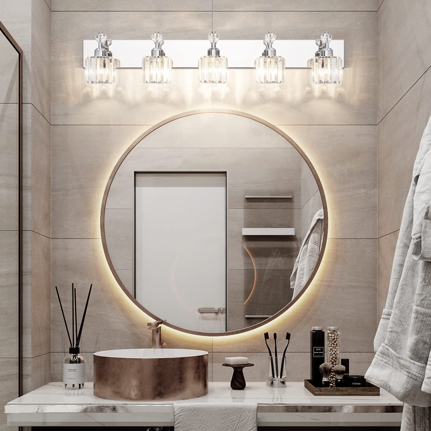 PRESDE Modern Crystal Vanity Light Fixture, 5-Light, Chrome, Stainless Steel for Bathroom Over Mirror