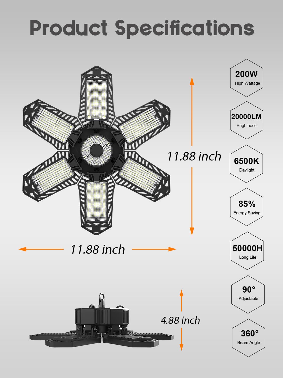 Seobiog 2 Pack Garage Light, 200W 20000Lm Led Ceiling Lights, 6500K, Deformable Panels, Black