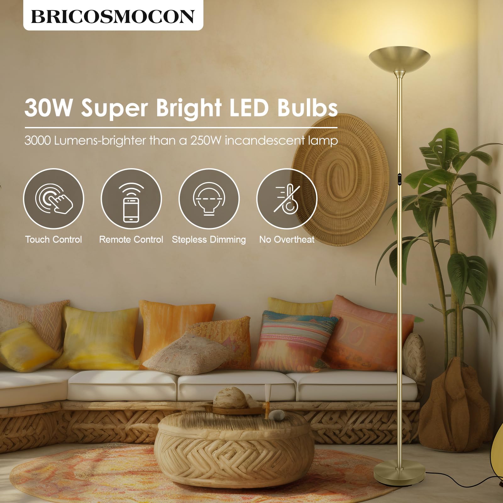 Bricosmocon Stepless Dimmable 30W Led Floor Lamp With Remote, 71&quot; Modern Gold Torchiere