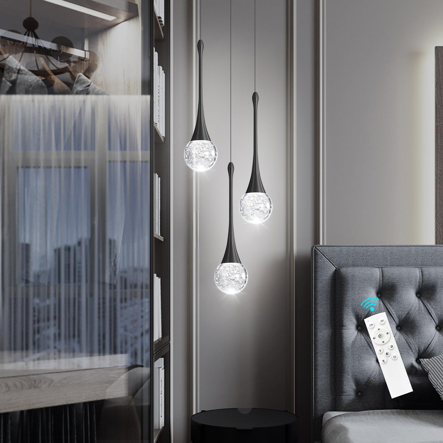 Cenozo 3-Lights Pendant Light - Dimmable Crystal Chandelier for Kitchen Island, Black, Model RS2037-3H