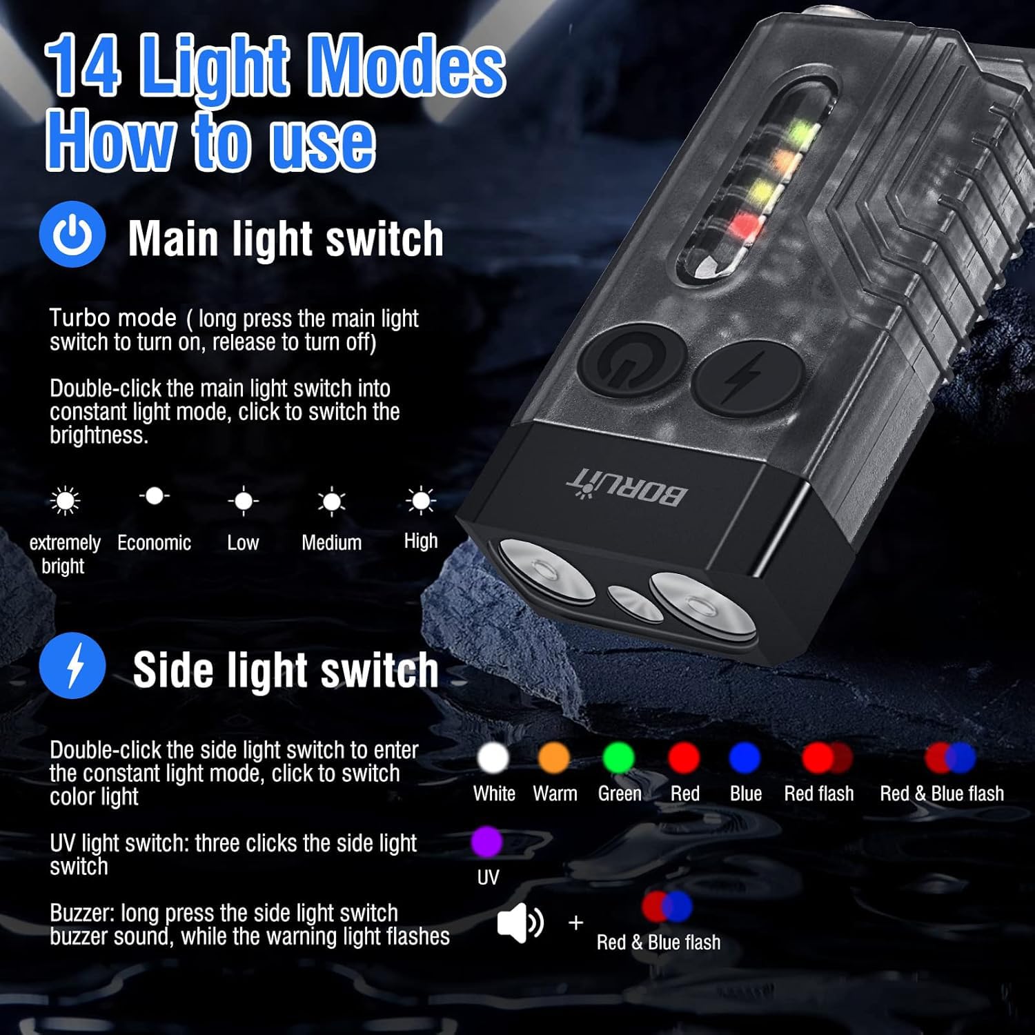BORUIT V10 Powerful Flashlight - 1000LM, 365nm UV Light, USB C Rechargeable, Aluminum, Black, Keychain with COB Side Light