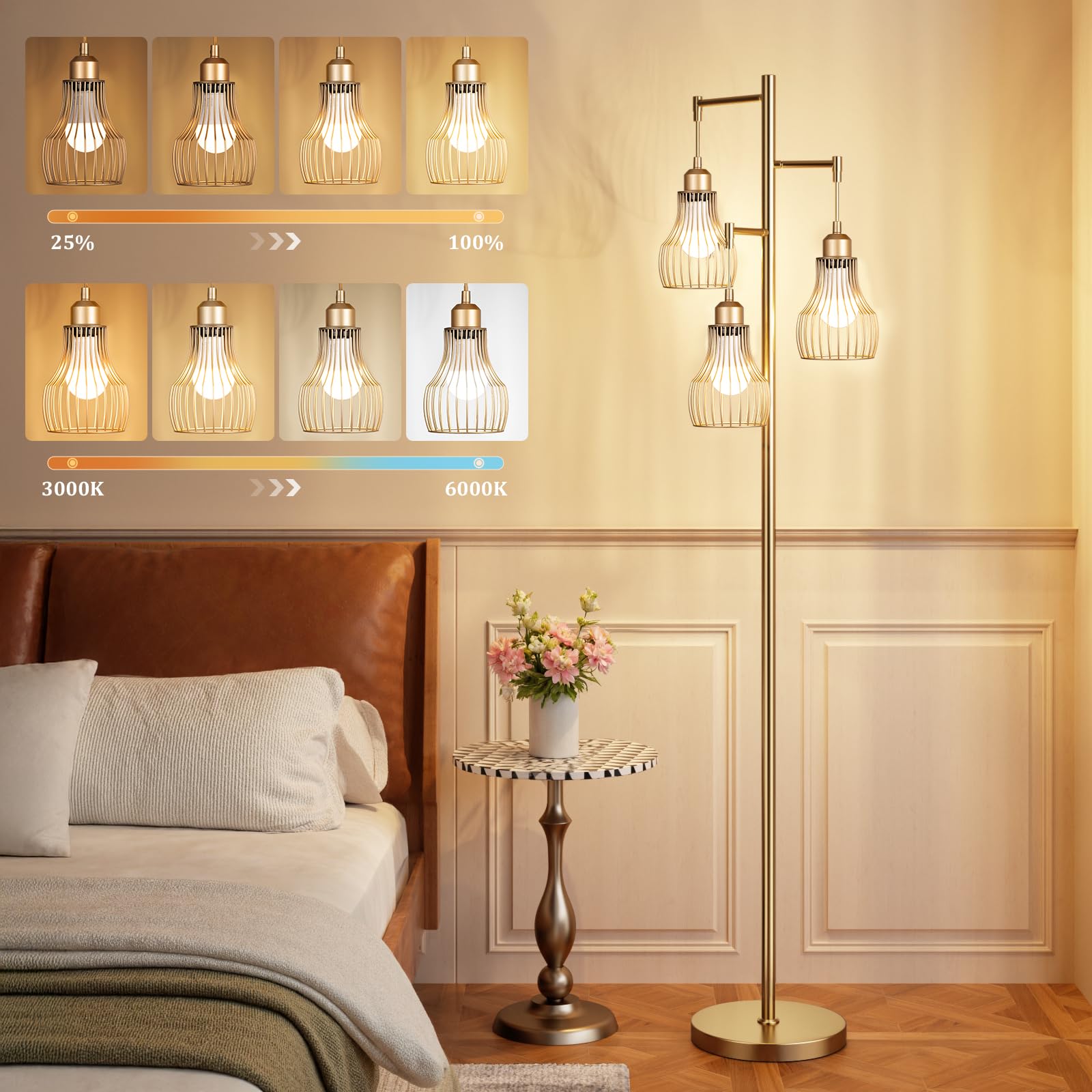 Ziisee Dimmable Gold Floor Lamps For Living Room, Farmhouse Tree Standing Tall Lamp With Remote Control 3 Elegant Cage Shade Led