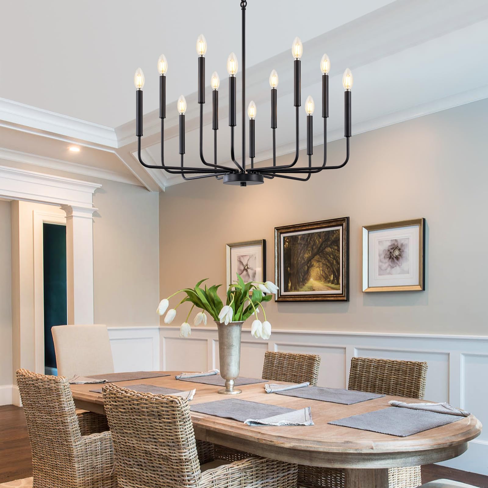 Zuyurt 12-Light Black Chandelier Light Fixture, Modern Farmhouse Chandelier For Dining Room Hanging Lighting, Metal Candle Chandelier With Chain For Living Room, Kitchen, Entryway, Foyer, Stairs