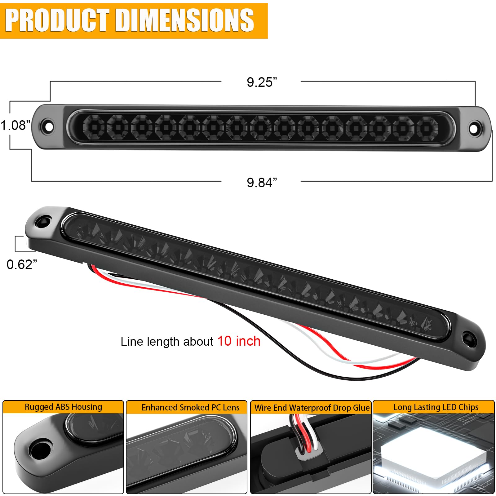 PSEQT 10in LED Trailer Tail Lights Bar, Smoked White, Waterproof, 2Pcs, Model PSEQTWBSW, Size 9.84in x1.08