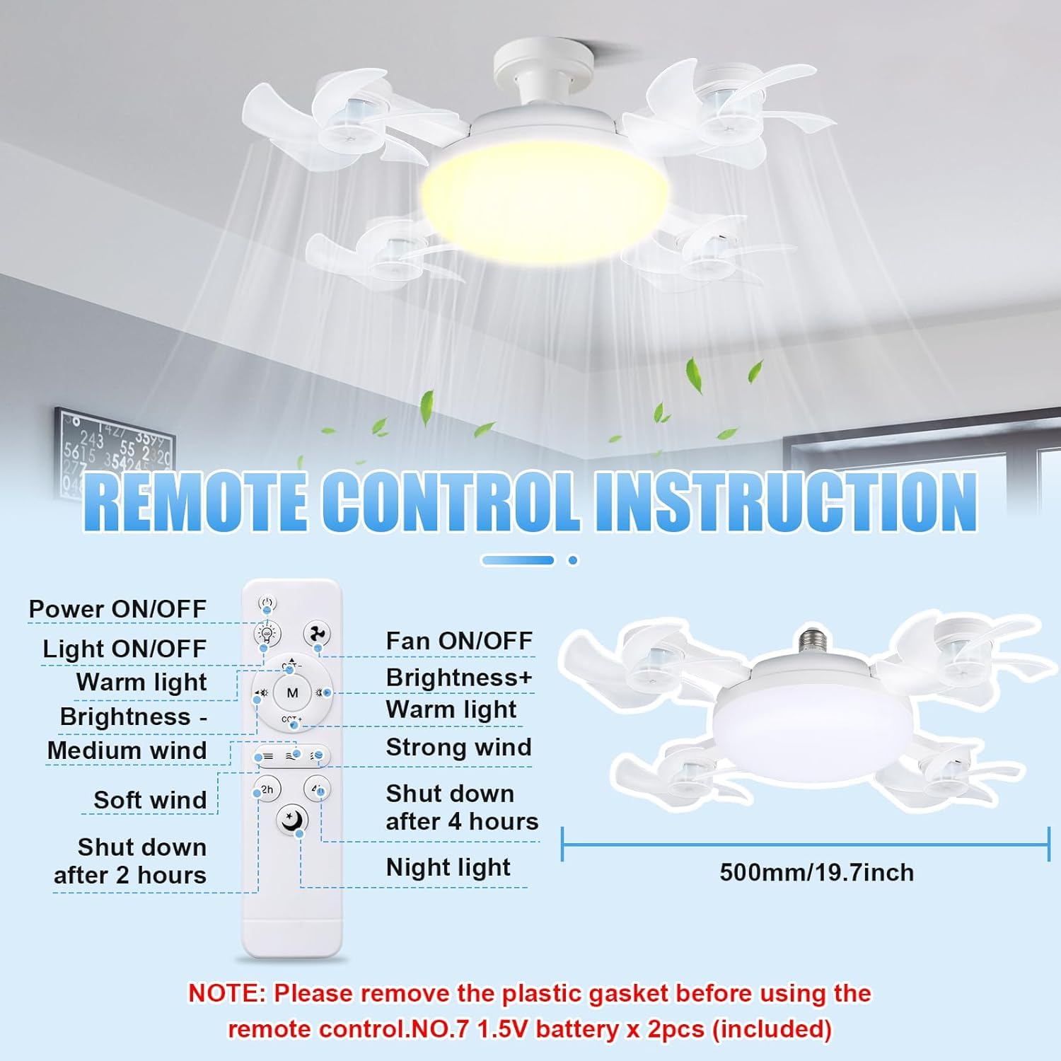Socket Fan Light with Lights Ceiling Fans with Remote and App Control 3 Colors 3000K-6500K 2800 Lumens Light Bulb Fan Screw in S