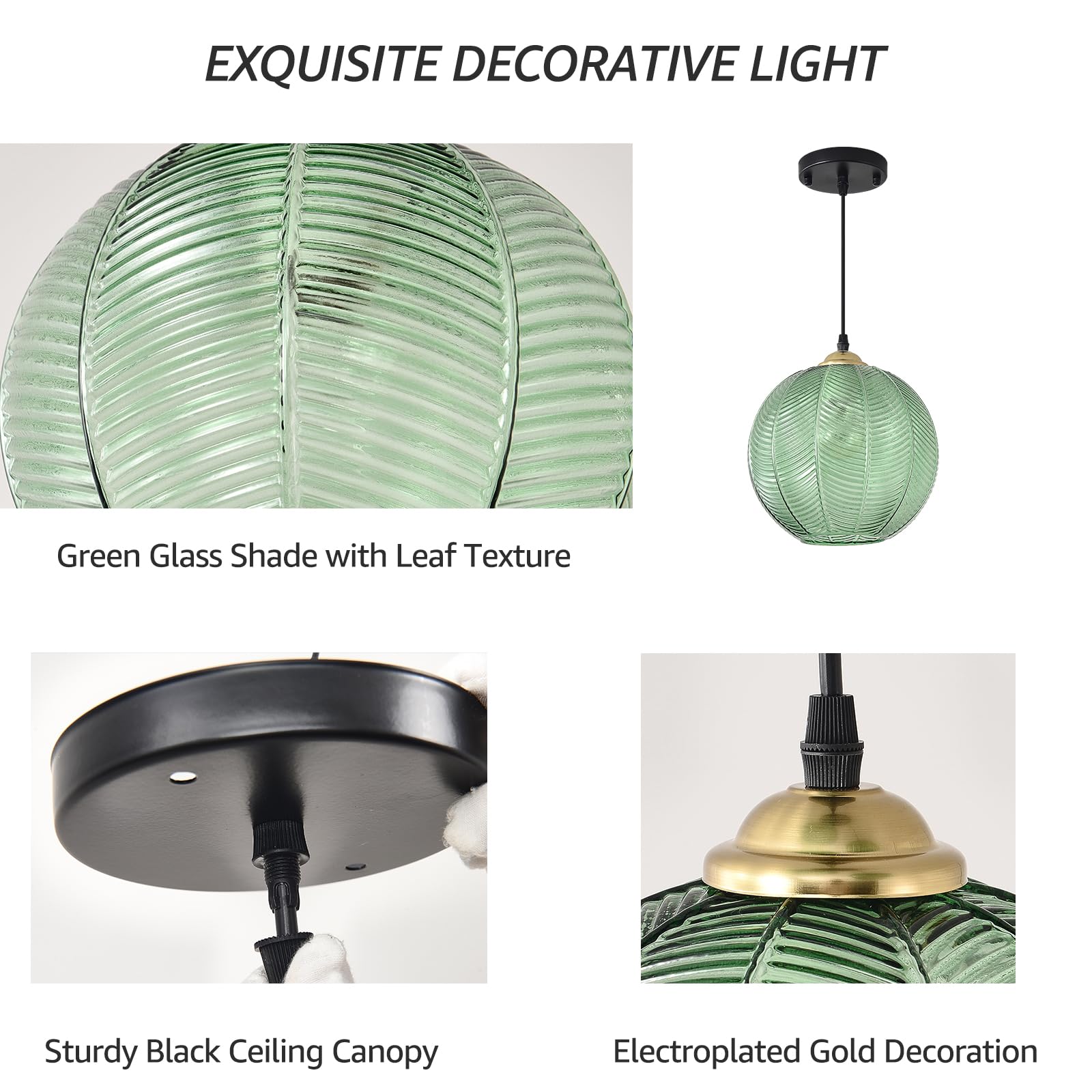 Testoys Green Glass Pendant Light, Single Large Globe Pendant Lighting 9.8-Inch Nordic Ribbed Ceiling Hanging Modern Ball Chande