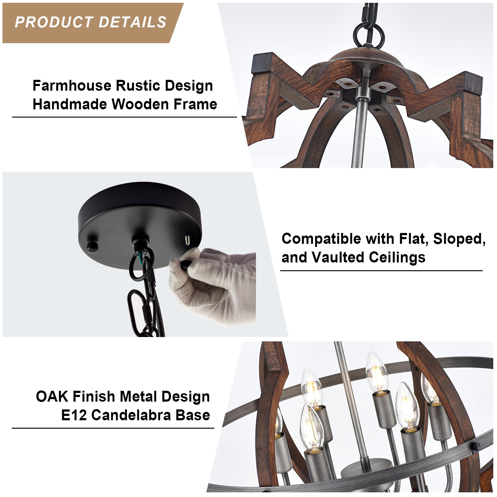 TACDANDM 23'' 6-Light Wood Farmhouse Chandelier, Vintage Oak Brown Pendant Light for Dining Room, Metal, Model DG-011