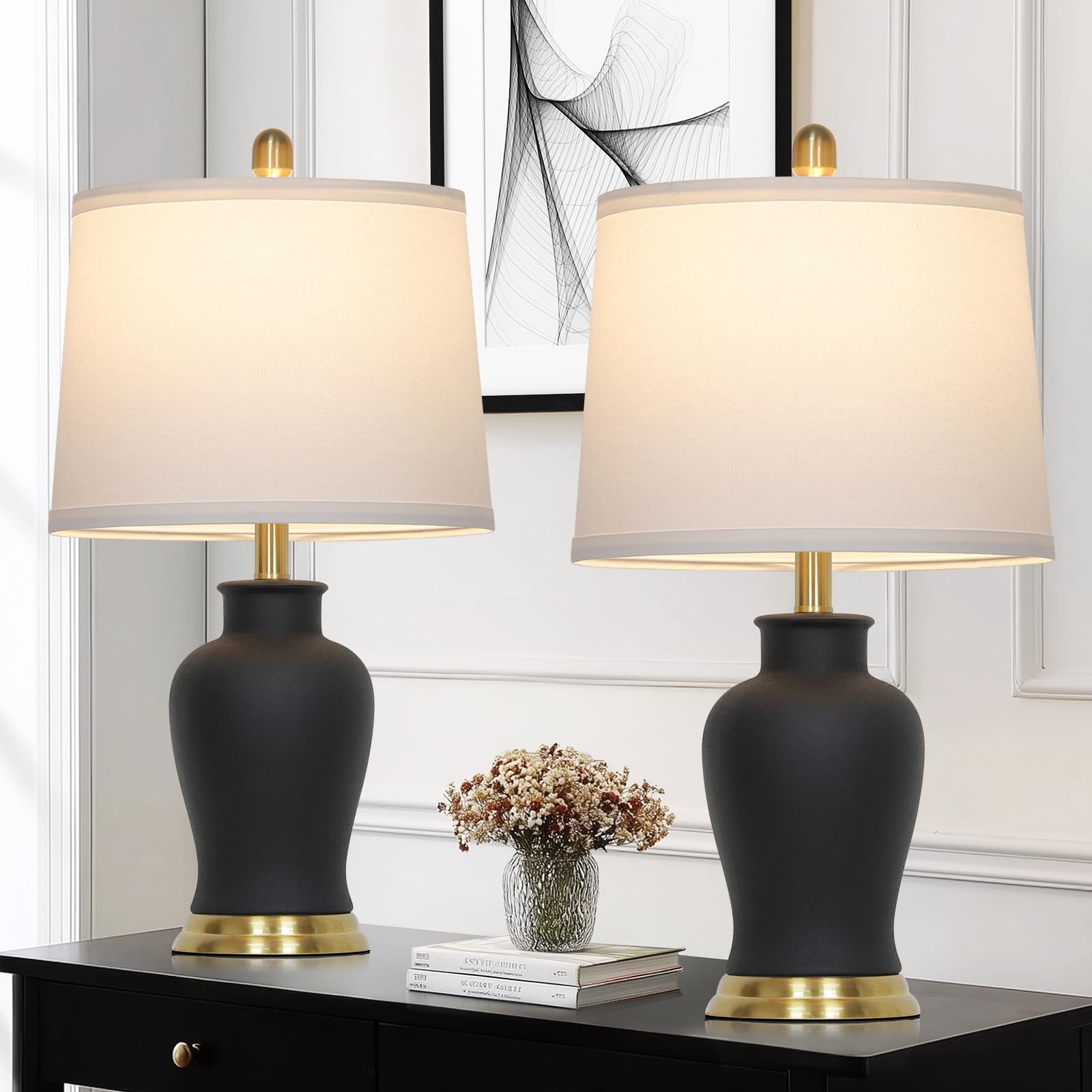 23 Modern Black Ceramic Table Lamps Set of 2  Farmhouse Table Lamps for Living Room  Classic Bedside Lamp with Ginger Jar Design  Elegant Bedroom Lamp for Night stand Desk Side End Table Home Decor